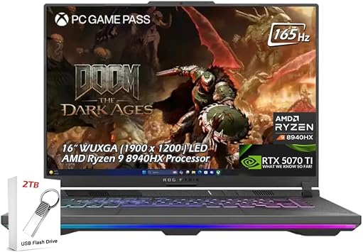 ASUS ROG Strix G16 Gaming Laptop, 16 WUXGA 1610 LED IPS 165Hz Anti-Glare 300 nits, AMD Ryzen 9 8940HX, RTX5070Ti, 32GB RAM 2TB SSD, Wi-Fi6E, Backlit KB, Win11, Eclipse Gray, 2TB USB Drive, W/GaLiMu