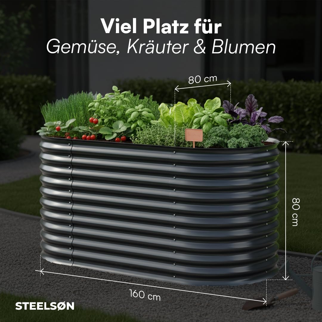 STEELSØN Hydra Hochbeet Metall – ovaler Pflanzenkasten 160x80x80 cm – Gemüsebeet Anthrazit – Beet für Garten & Balkon – Pflanzenbeet aus verzinktem Stahl – Kräuterbeet – Gartenbeet mit Kantenschutz