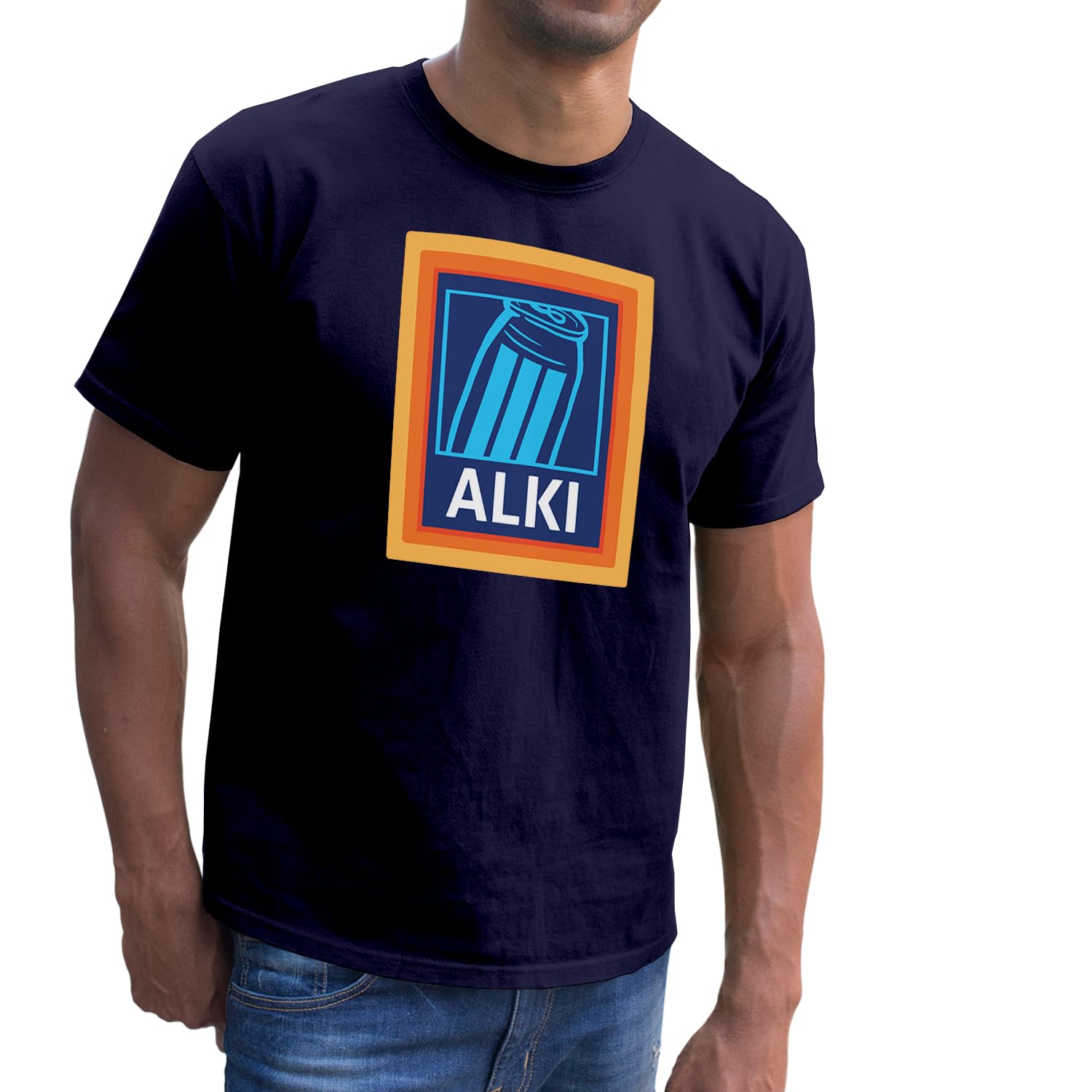 SMARTYPANTS Alki T-Shirt Top Tee - Novelty Funny Joke for Alcohol Beer Adult Humour Hilarious Logo Parody - Lager Supermarket Theme - Perfect White Navy Gift Present (Medium, Navy Prime)