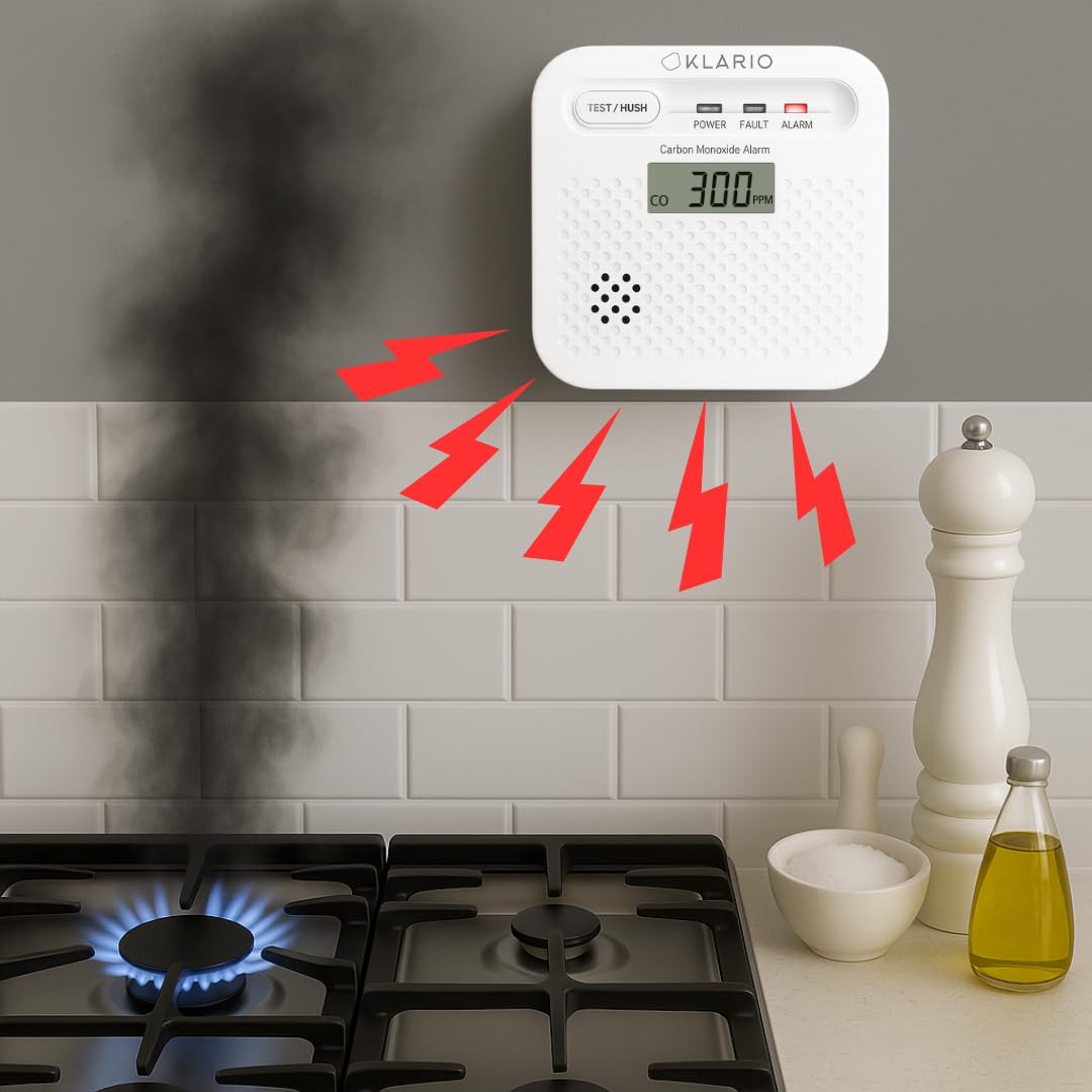 Czujnik Czadu Tlenku Węgla CO WiFi z Aplikacją Tuya SmartLife, Bateria 10 lat, Alarm 85 dB Wyświetlacz LCD Certyfikat EN50291 Bezprzewodowy Detektor CO do domu i mieszkania KLARIO