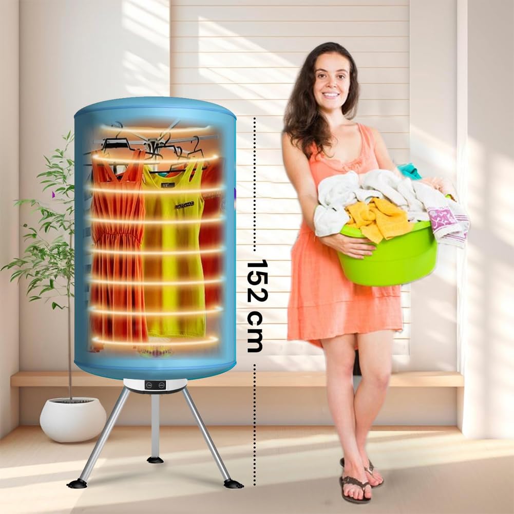 BAKAJI Secadora eléctrica de globo con mando a distancia y pantalla de control, secador de ropa de aire caliente, potencia 1000 W, temporizador 180 min, tamaño 150 x 65 cm