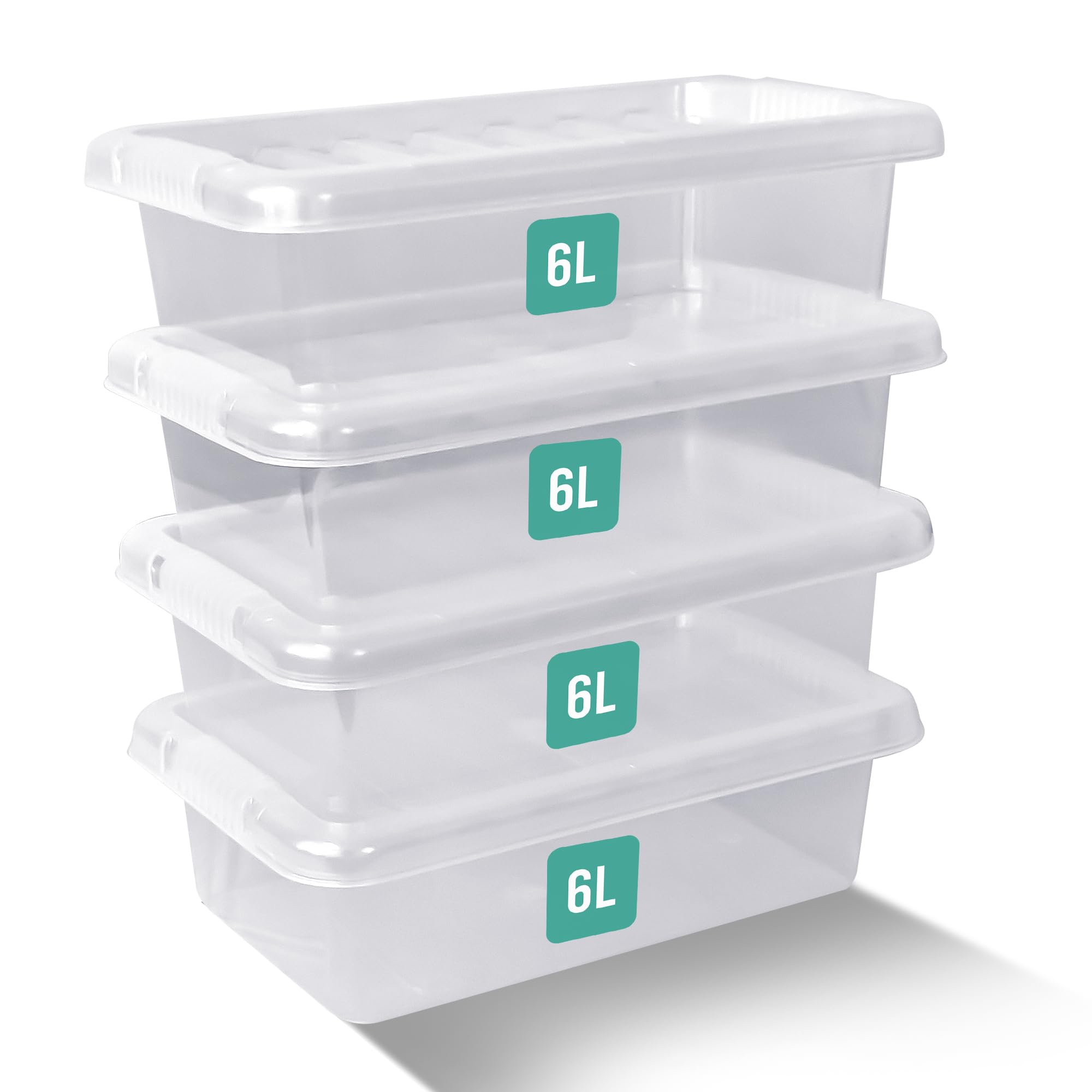 Klass Home Collection 4 x 6 Litre Plastic Storage Boxes With Lids Set of 4, Clear Multipurpose Nestable Stackable Plastic Storage Box With Lid 6L Clear Containers For Home, Kitchen, Garage, Office