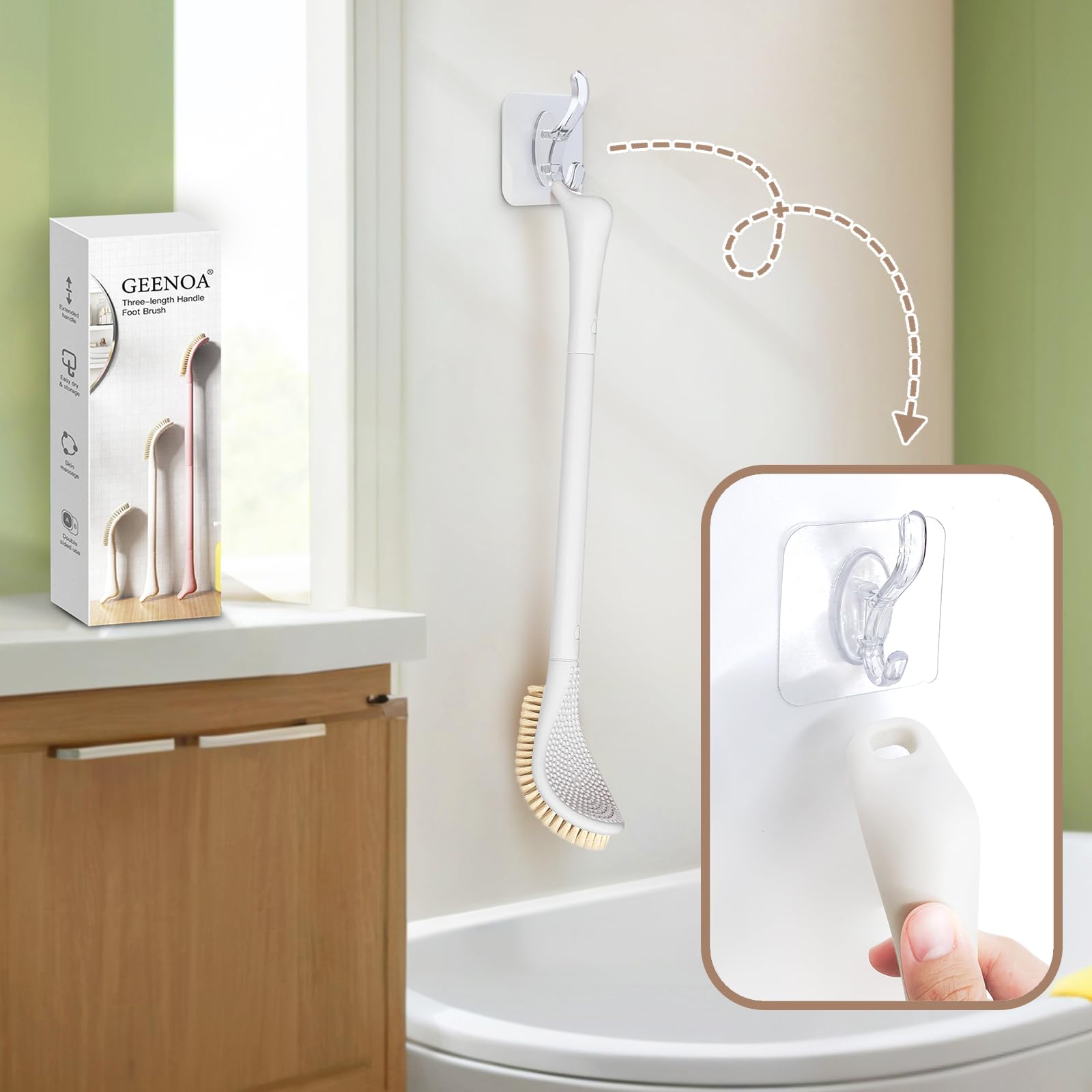Cepillo de pies para ducha, limpiador de pies 3 en 1 para ducha, cepillo de limpieza de pies de mango largo ajustable de 10.2 a 27.5 pulgadas para personas mayores, embarazadas, discapacitadas,