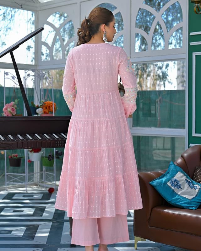 Image of Women Ethnic Motifs Embroidered Empire Kurta Set with Trors & Dupatta Thread Work Fit Ethnic for Women | Pink