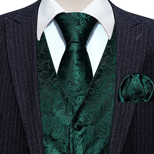 Barry.wang Dark Green Solid Paisley Waistcoat Vest Necktie Set Pocket Square Cufflink Wedding Business Formal #TOP4