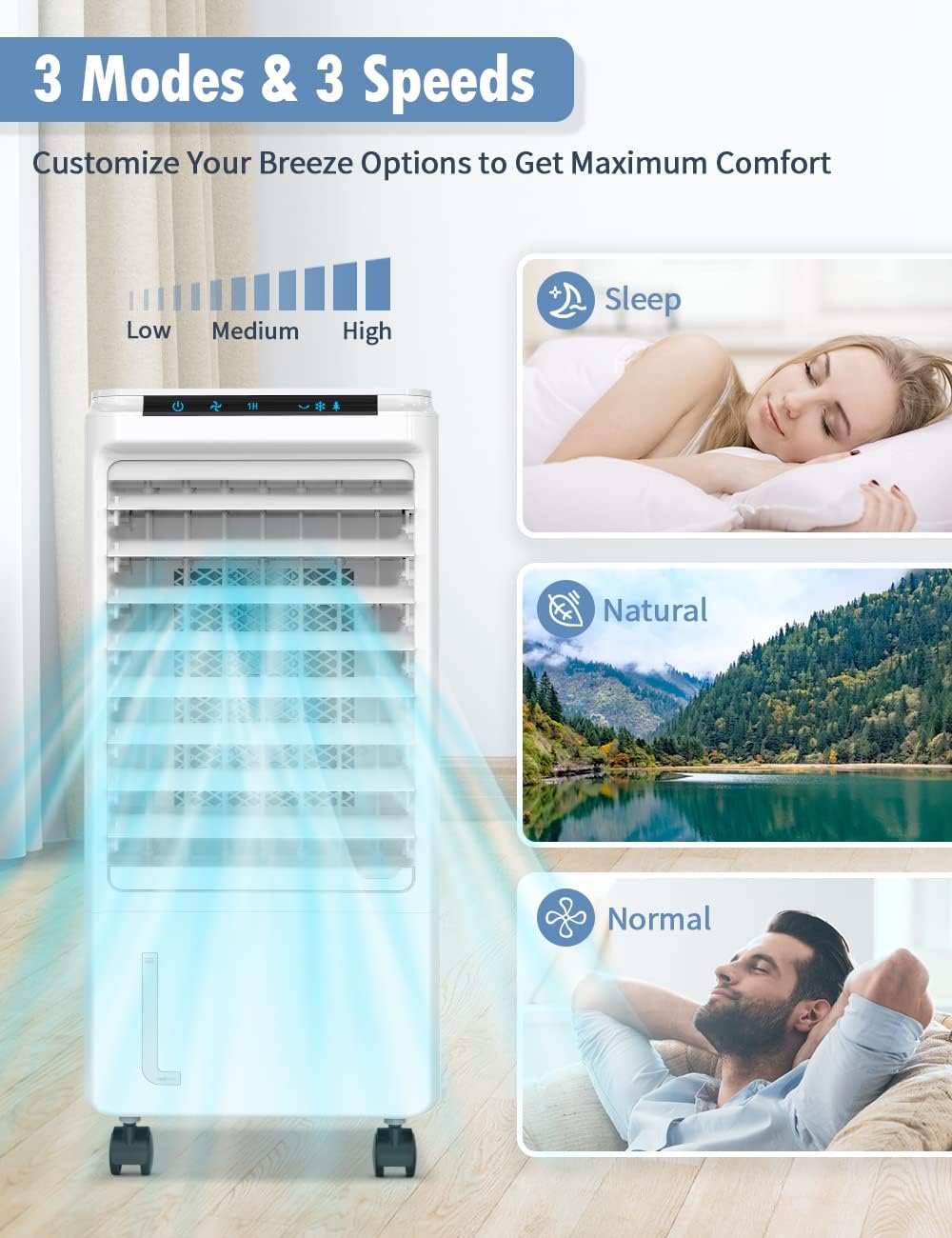 Evaporative Air Cooler - AOLOS 3-IN-1 Portable Air Cooler & Air Conditioner Fan w/Remote, 3 Speeds, 1.85-Gal Water Tank, 7H Timer & 40°Oscillation, Ultra Quiet Evaporative Cooler for Room Home Office