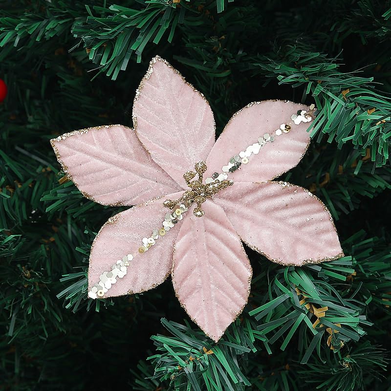 Poinsettia artificiel rose à paillettes : illuminez votre sapin et votre table de mariage