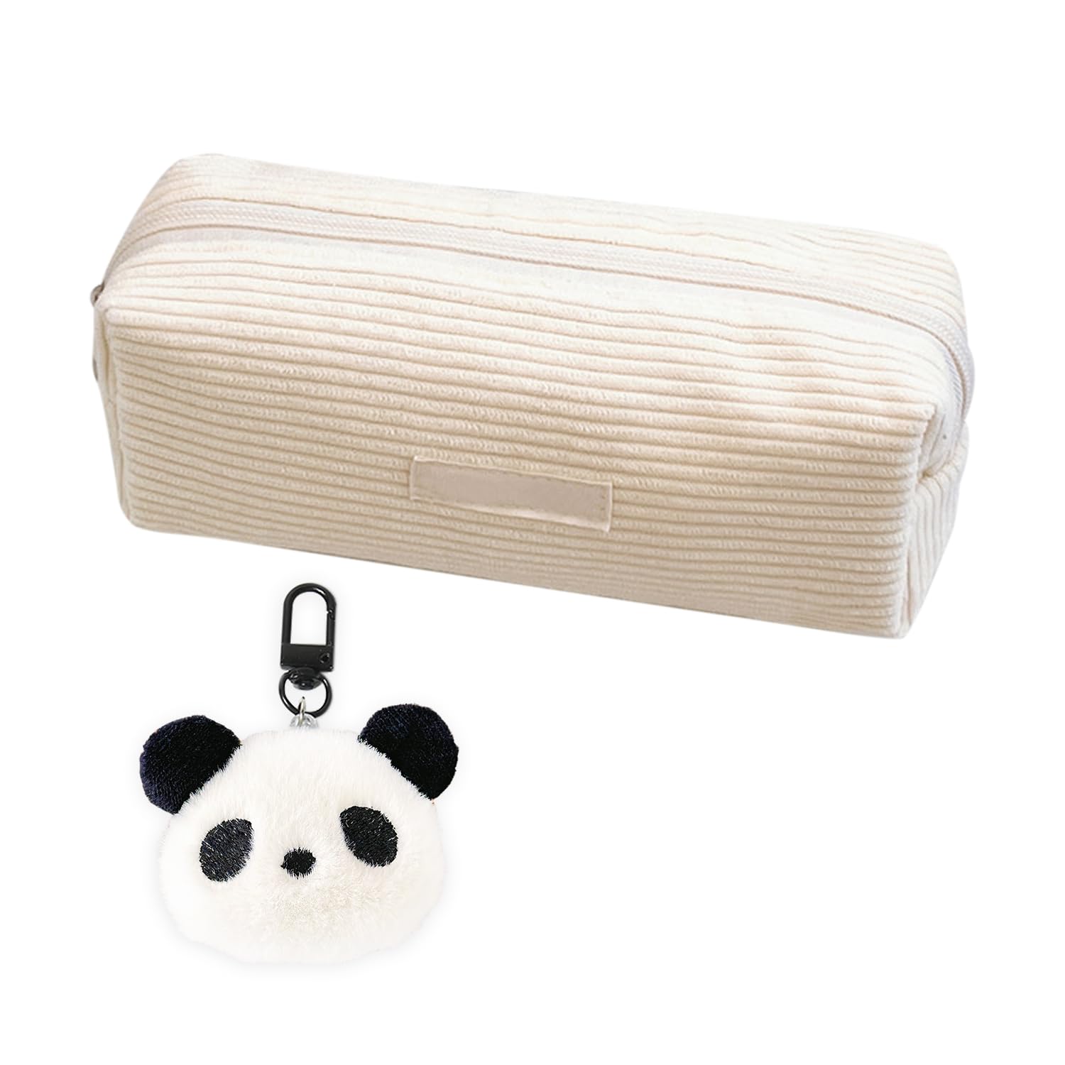 USHXVG Corduroy Pencil Case, Panda Pendant, Solid Color, Large Stationery Bag, Zipper Case, Milky White