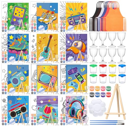 Sherr 96 Pcs 12 Sets Pre Drawn Canvas Kit for Painting Craft Sip and Paint Kit for Adults Pre Printed Canvas Painting Favor for DIY Birthday Gifts Adults Date Party 8 x 10 Inches(Retro)