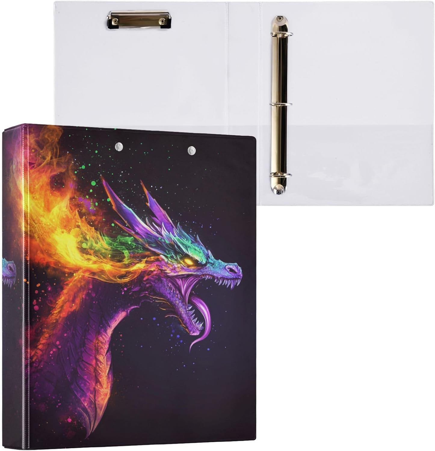Fantasy Dragon Rainbow Fire Decorative 3 Ring Binder 1.5 Inch Large View Binders with Pockets Holds 200 Sheets File Organizer for Office College School, 1 Pack