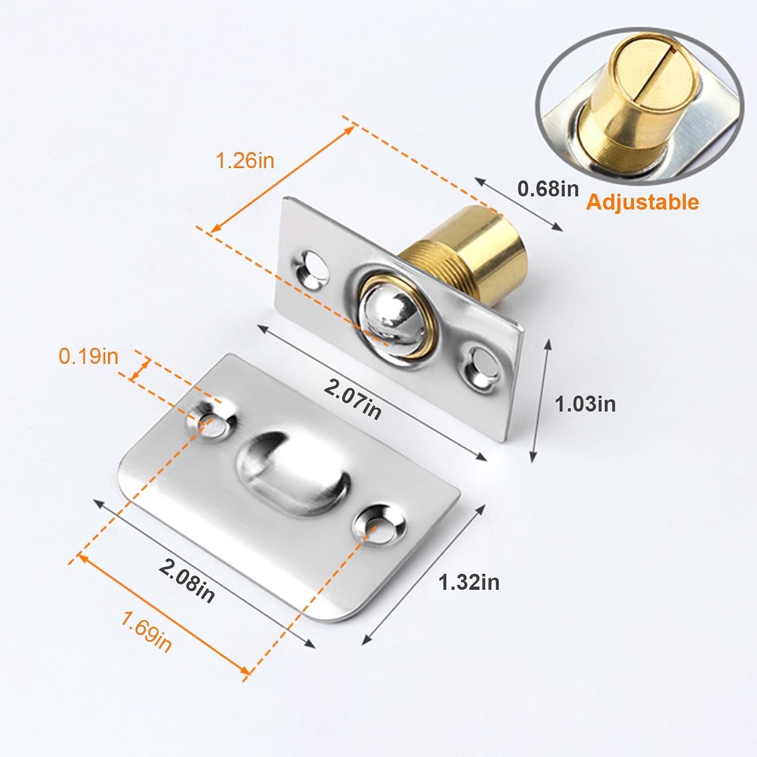 6Pack Adjustable Ball Door Catch Bulk, Closet Ball Bearing Door Latch, Strong Drive Closing Door Accessories for Interior Doors, Solid Brass Body & Stainless Steel Strike Plate Silver