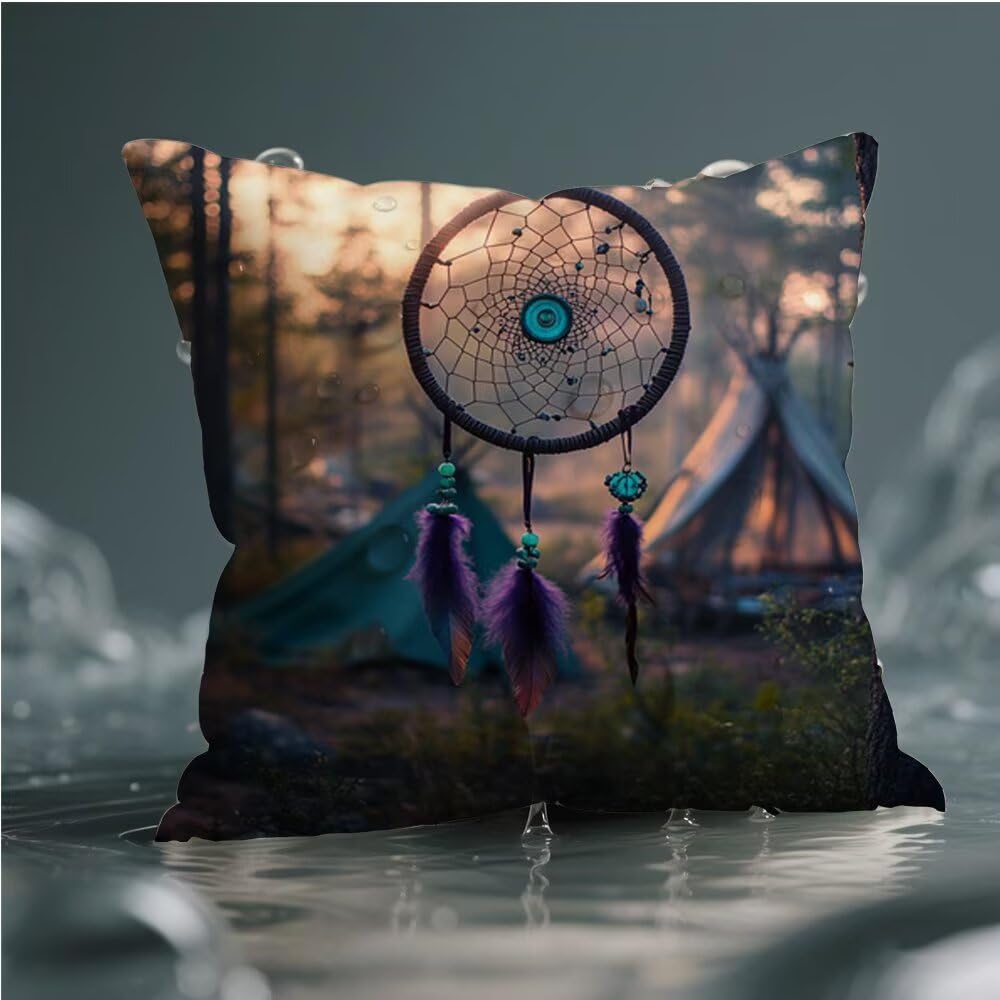 Set di 4 Cuscini per Divano 75x75cm Lino Cuscini da Esterno Impermeabili Cacciatore di sogni tenda Cuscino Moderno Quadrato Autunno per Decorativi Patio, Giardino, Veranda, Panca, Divano d-51