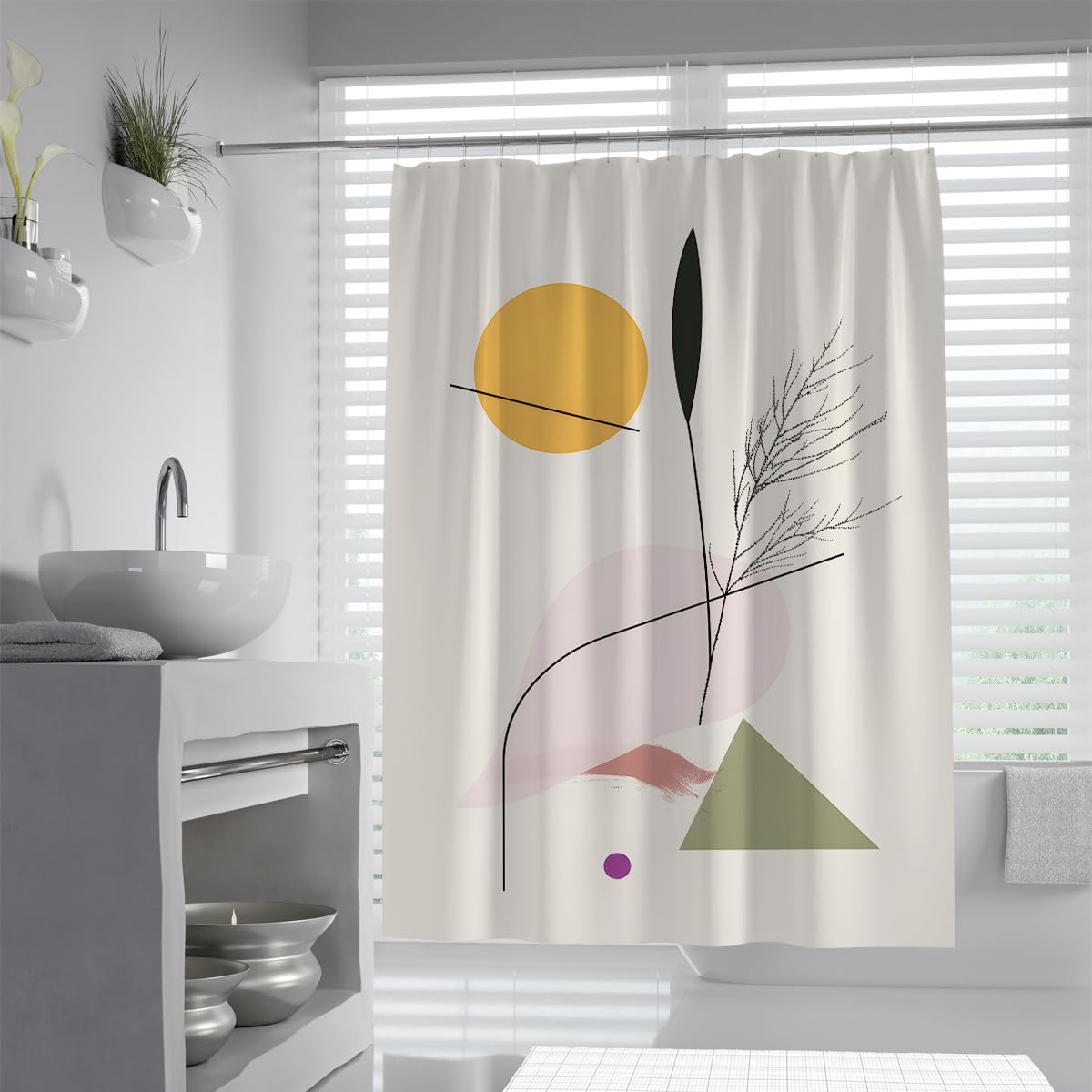 UIRINGART Artistic Bath Curtain W100xL180cm Abstract Geometric Botanical Plant Branch and Sun Triangle Pattern Machine Washable Polyester Fabric Bathroom Curtains