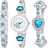 Acnos Reloj analógico para niñas, esfera de diseño de corazón, azul, azul cielo, plata, rosa claro, reloj de piedra rosa claro, combo de dos pulseras, Plateado-azul cielo