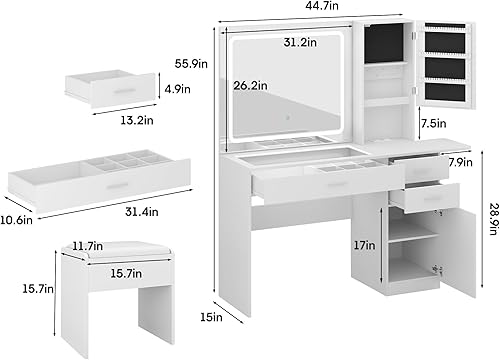 Miniatura 7 de Vabches Escritorio de tocador blanco con espejo y luces, mesa de tocador con parte superior de vidrio con estación de carga, 3 cajones y gabinete de