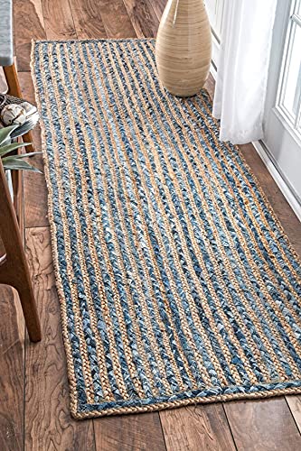 Image of Jute Braided Natural Hand Woven & Reversible Rug for Living Room Kitchen Entryway, Farmhouse Rustic Burlap Carpet Floor Mat (denimjute, 2X6-feet)