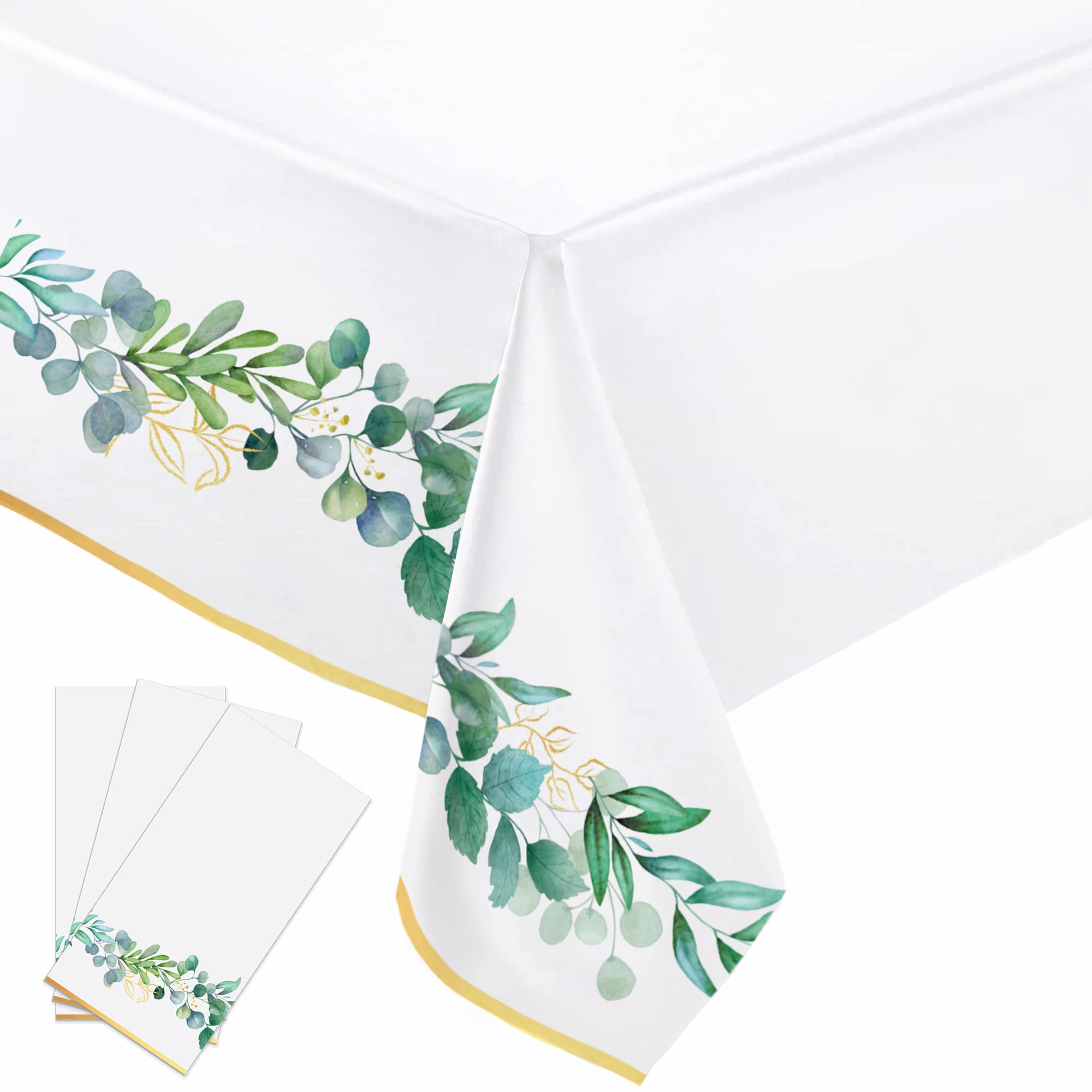 3 Packs - Eucalyptus Disposable Tablecloth, Greenery Sage Plastic Leaf Table Cloth Covers, 54 x 108 Inches, for Bridal Shower, Baby & Wedding Party Supplies
