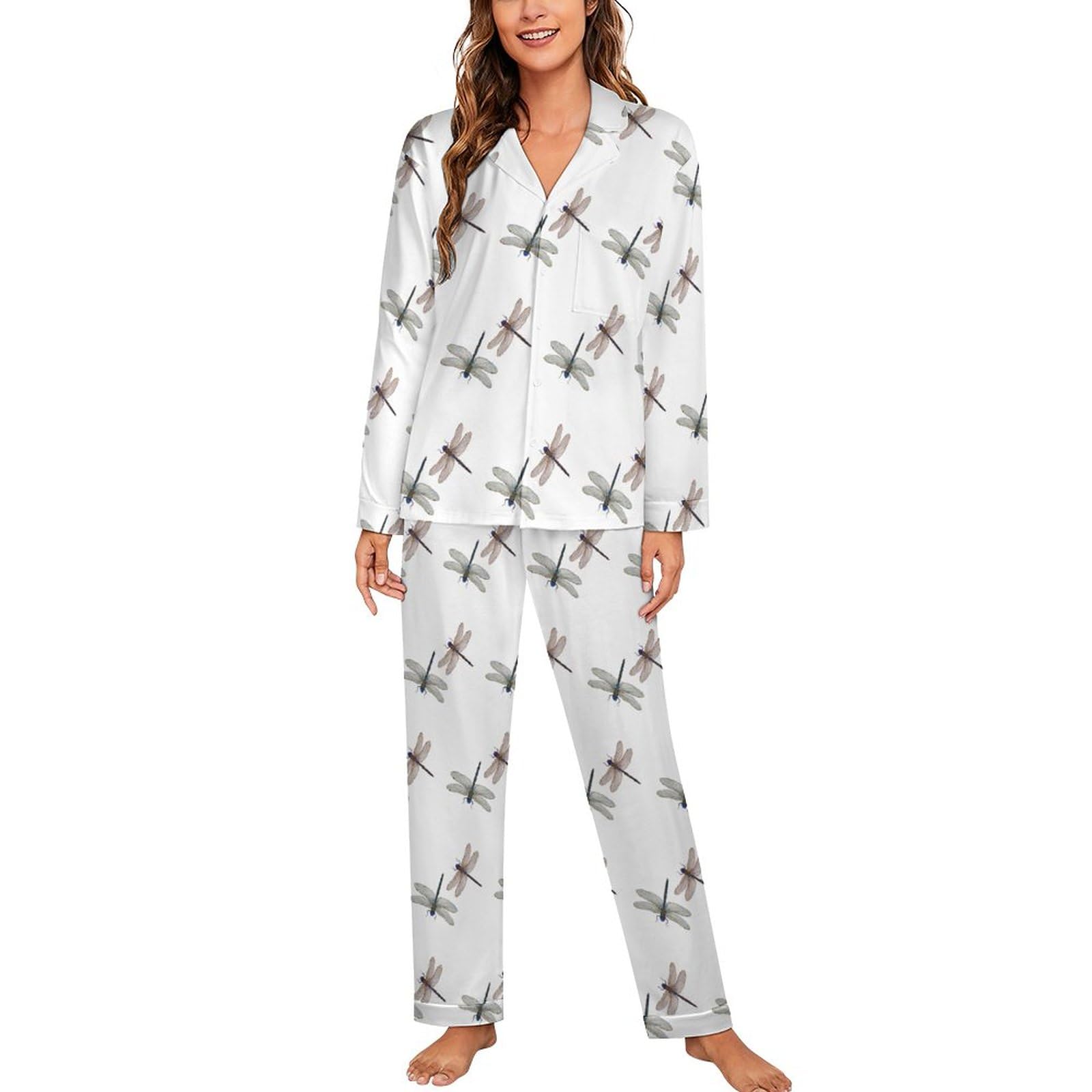 Dgsxynth Women's Colorful Dragonfly Nightwear, Pajama Set, Button Down Sleepwear Long Sleeve Shirt With Pants