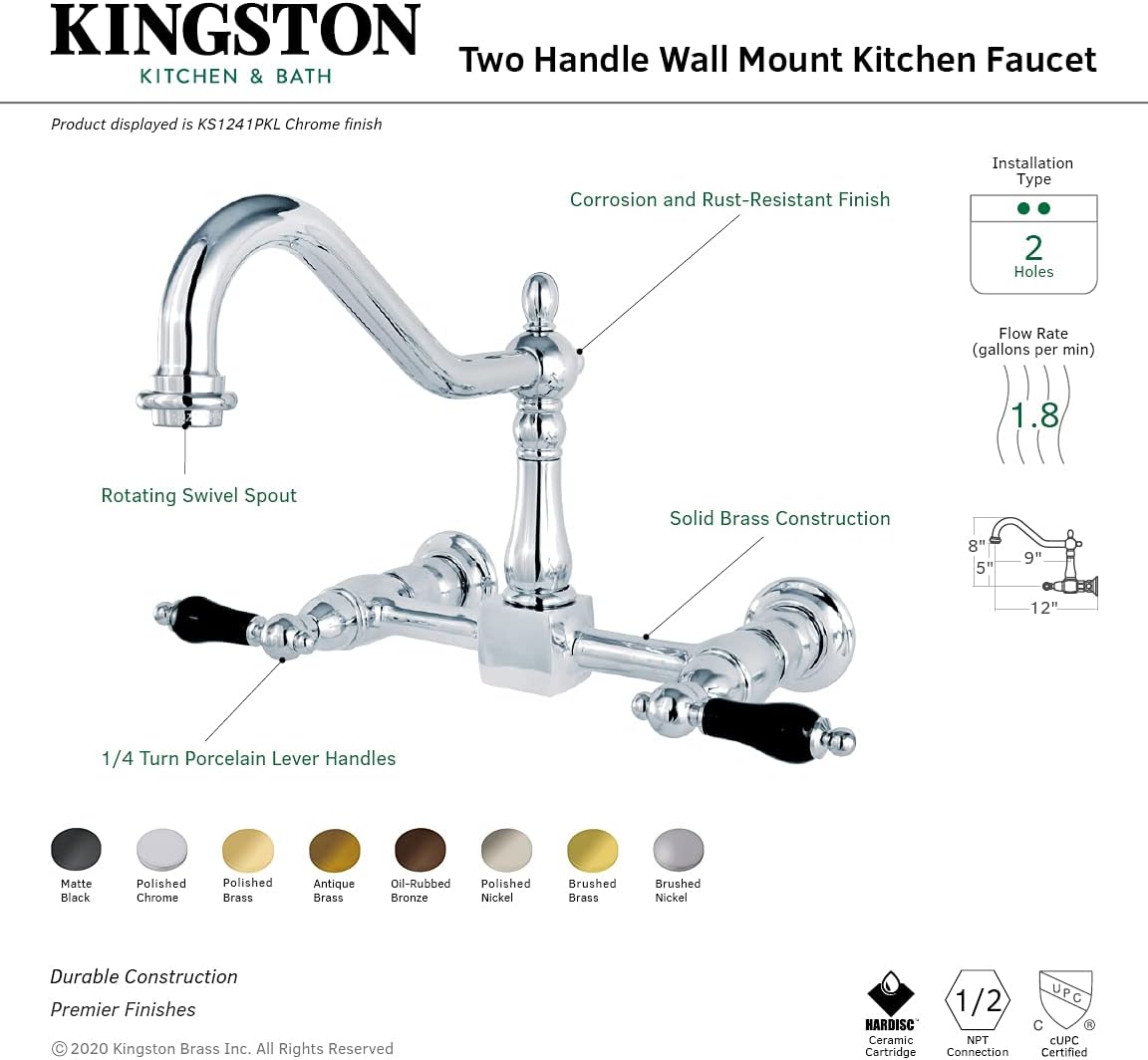 Kingston Brass KS1245PKL Duchess Wall Mount Bridge Kitchen Faucet, Oil Rubbed Bronze