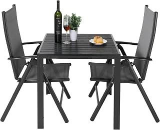 LIFERUN Conjunto Mesa y Sillas Jardin Exterior Aluminio de 3 Piezas, 2 Sillas Respaldo Alto Plegable Ajustable y 75x75x72 cm Mesa WPC, Juego de Muebles de Terraza y Balcón, Negro