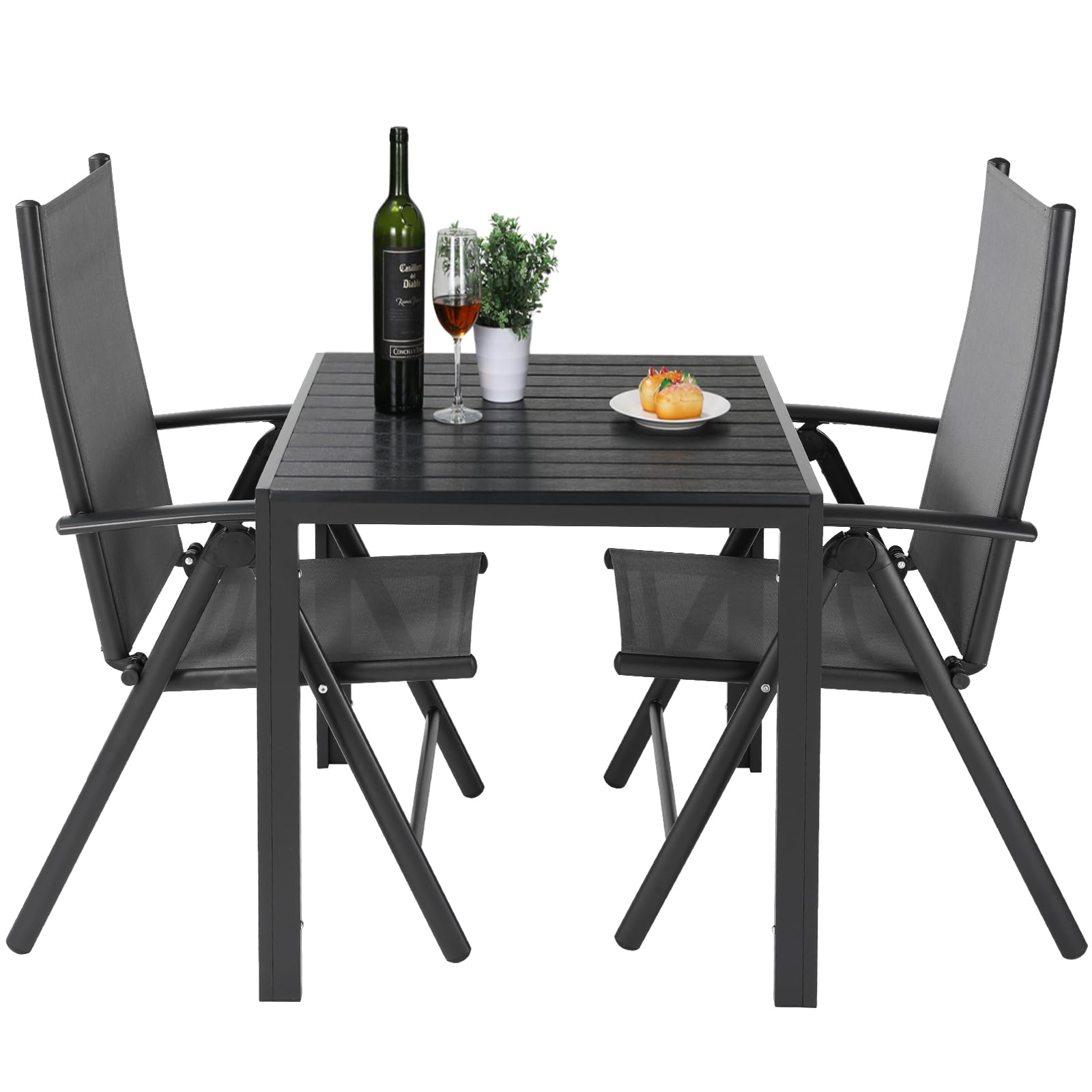 LIFERUN Conjunto Mesa y Sillas Jardin Exterior Aluminio de 3 Piezas, 2 Sillas Respaldo Alto Plegable Ajustable y 75x75x72 cm Mesa WPC, Juego de Muebles de Terraza y Balcón, Negro