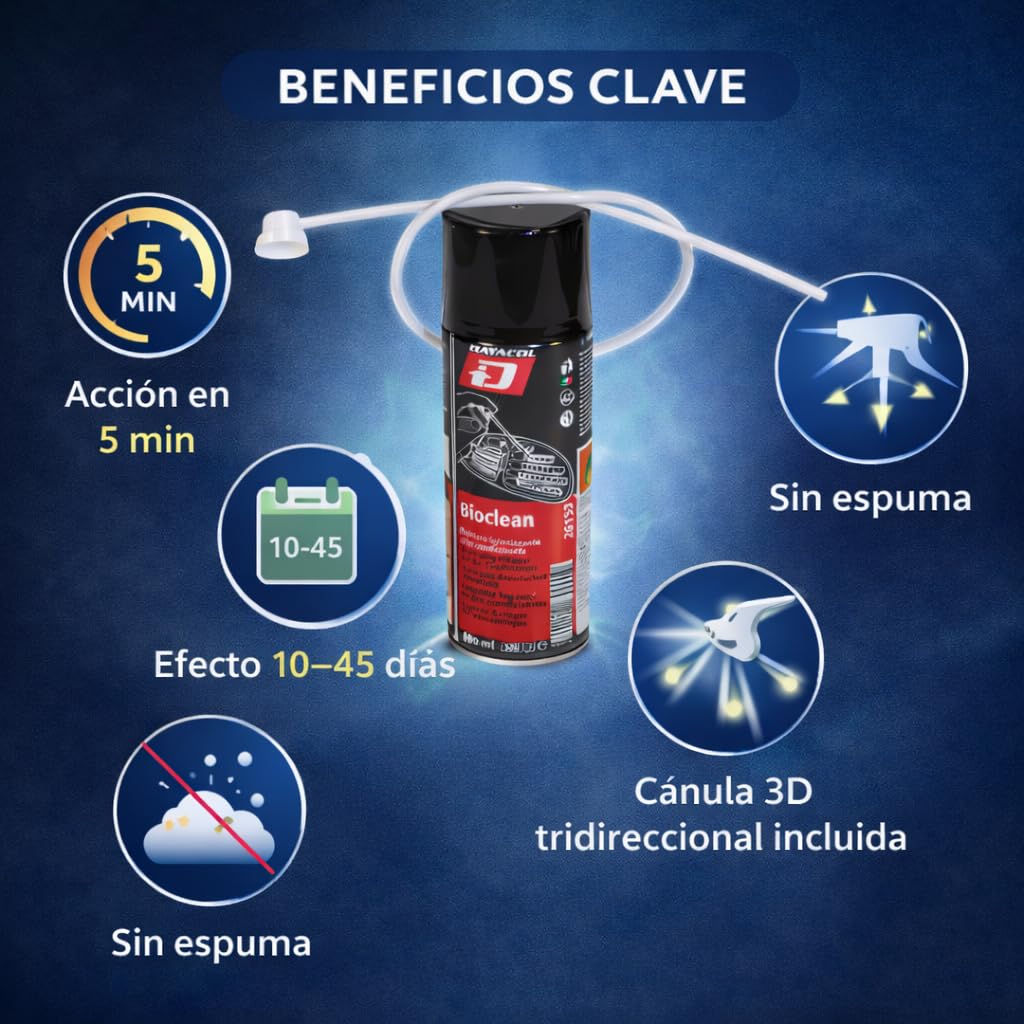 BioClean bactericida e higienizante, para todo tipo de circuitos de aire acondicionado y climatización, desprende un agradable olor y tiene una larga duración, 400ml.