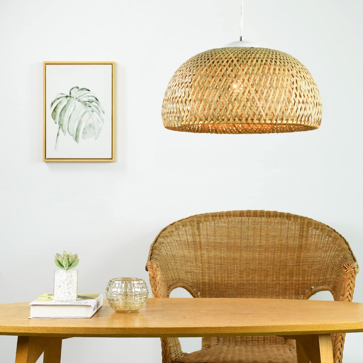 Joye Bamboo Pendant Light with Handmade Bamboo Shade forKitchen Island,Dining Room,Farmhouse,Cafe,Adjustable Metal Hanging Light Fixture,Nature Bamboo