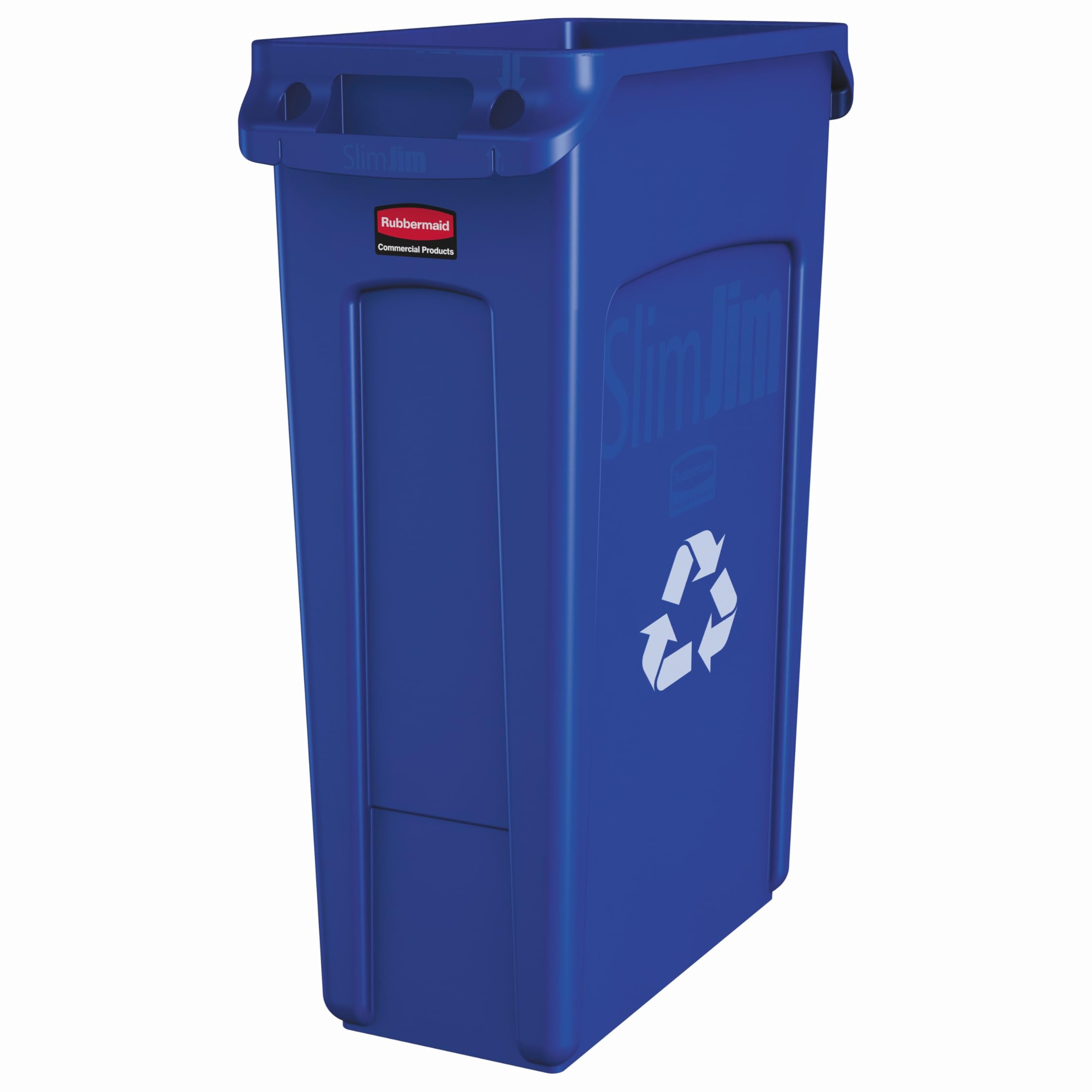 Rubbermaid Commercial Products Slim Jim Plastic Rectangular Recycling Bin with Venting Channels, 23 Gallon, Blue Recycling (FG354007BLUE)