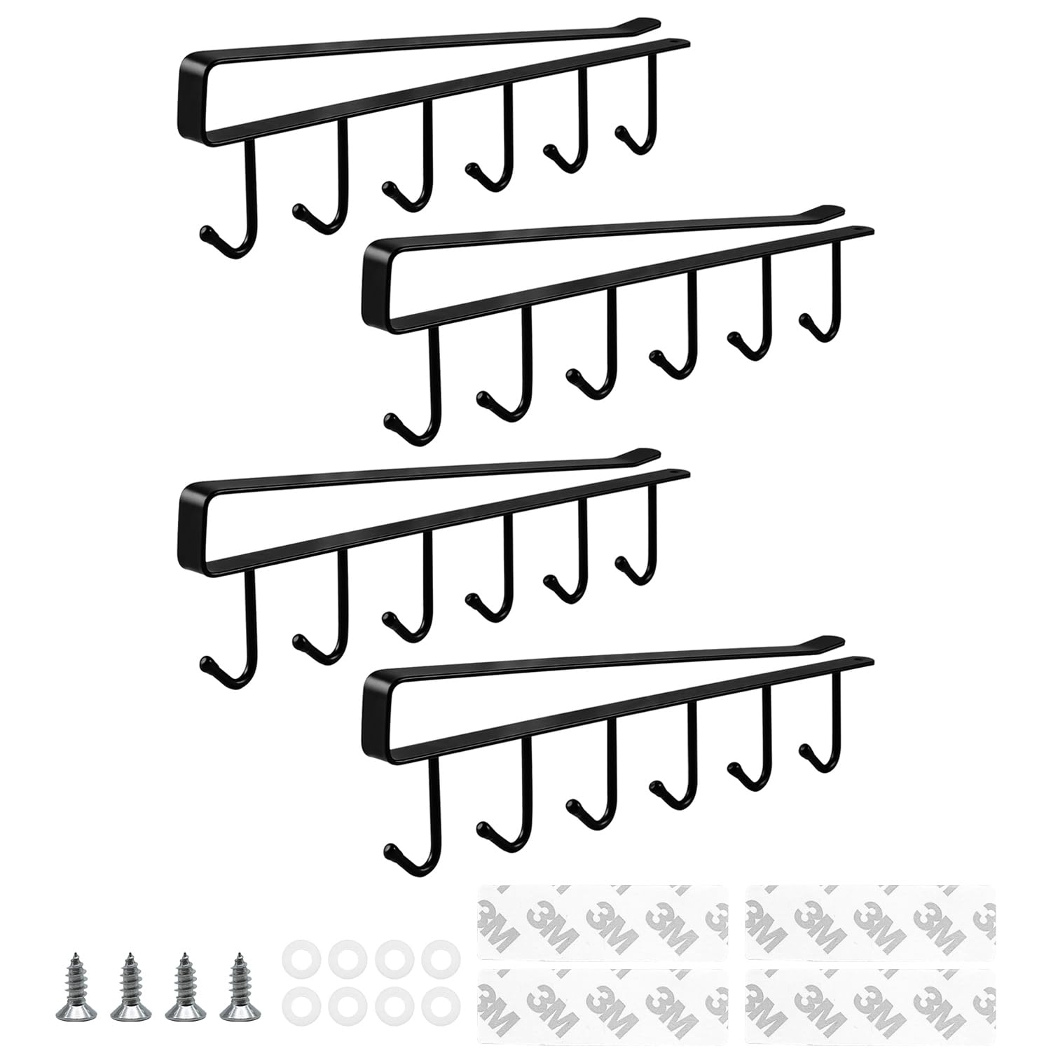JINTANG Metal Under Cupboard Storage (Set of 4), Under Shelf Mug Holder, Under-Cabinet Hanger Rack with Adhesive Tape/Fixing Screws, Over Door Hanger for Coat, Towel, Bag, Robe (Black)