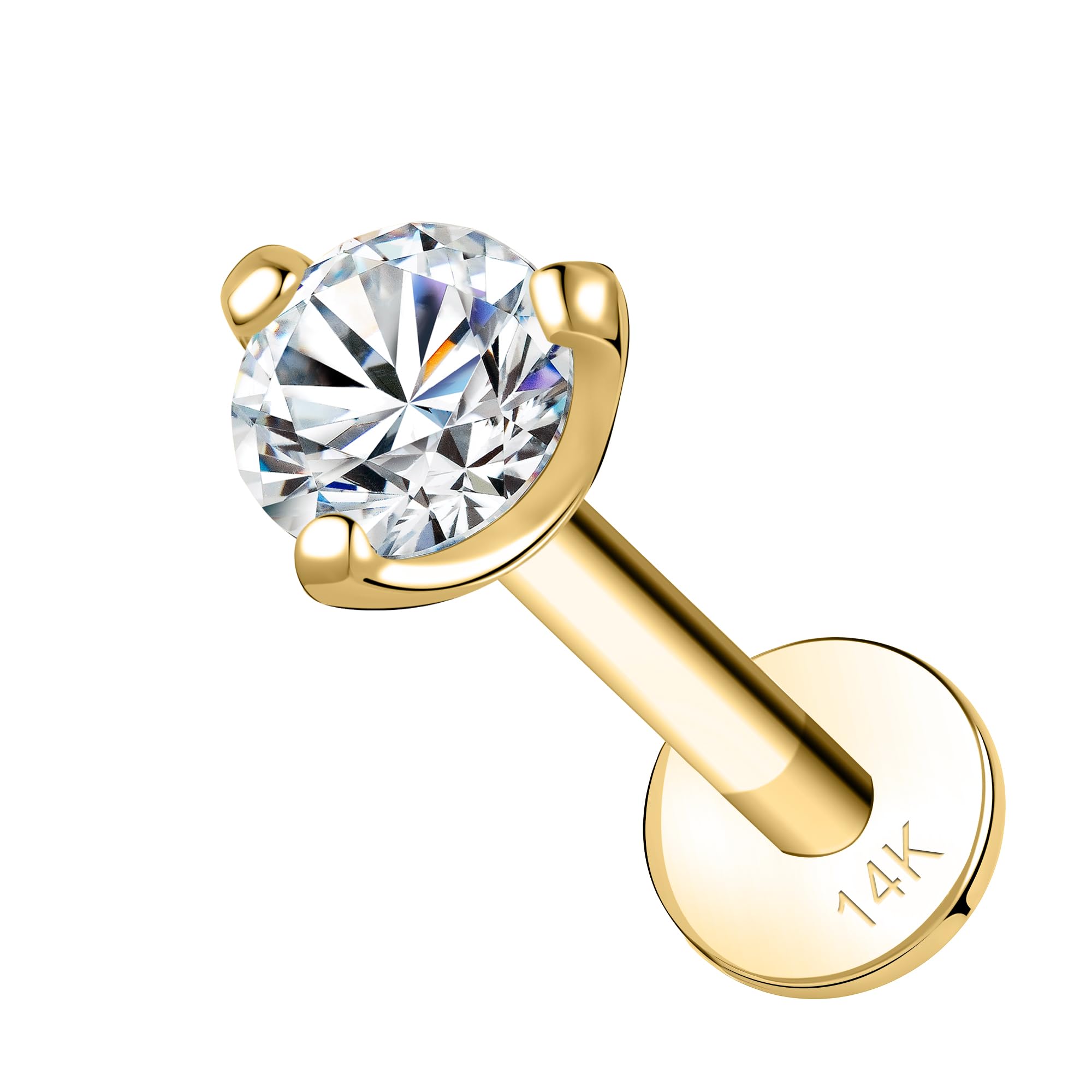 SYLWIA Piercing para labios de oro real de 14 quilates, 16 g de hilo interno, joyería Ashley para labios, diamante de imitación CZ – 2,5 mm 3 mm, 18 g, nariz, caracola, hélice, tragus, labret para