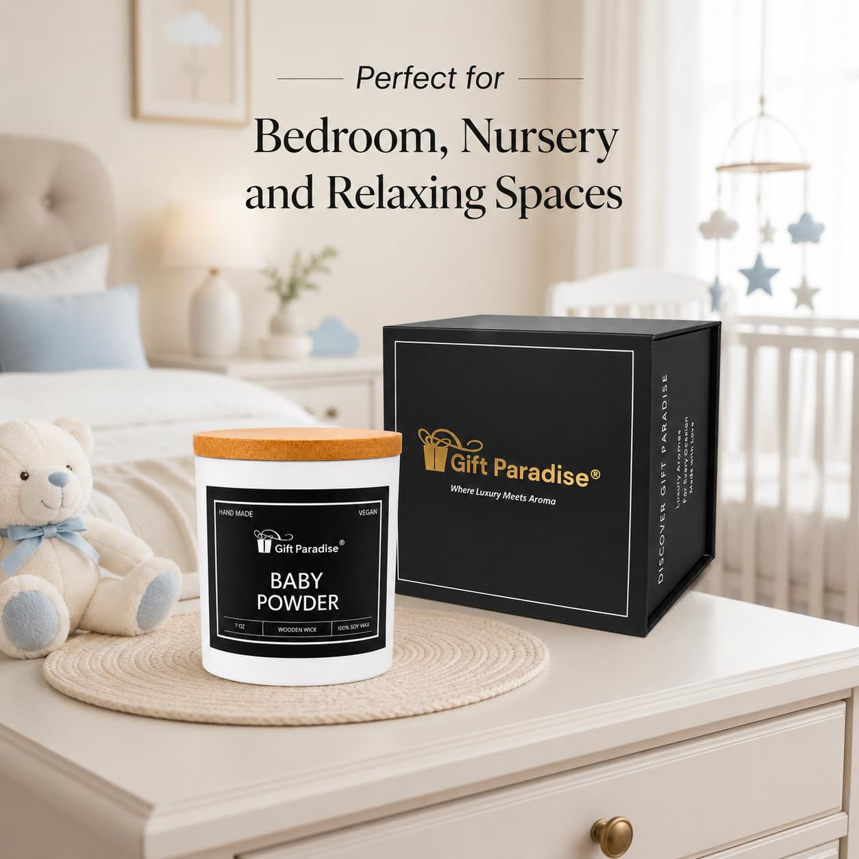 Gift Paradise® Candela di soia in polvere per bambini, 7 once, profumo di | Stoppino di legno, coperchio di bambù, scatola regalo magnetica, profumo polveroso pulito morbido