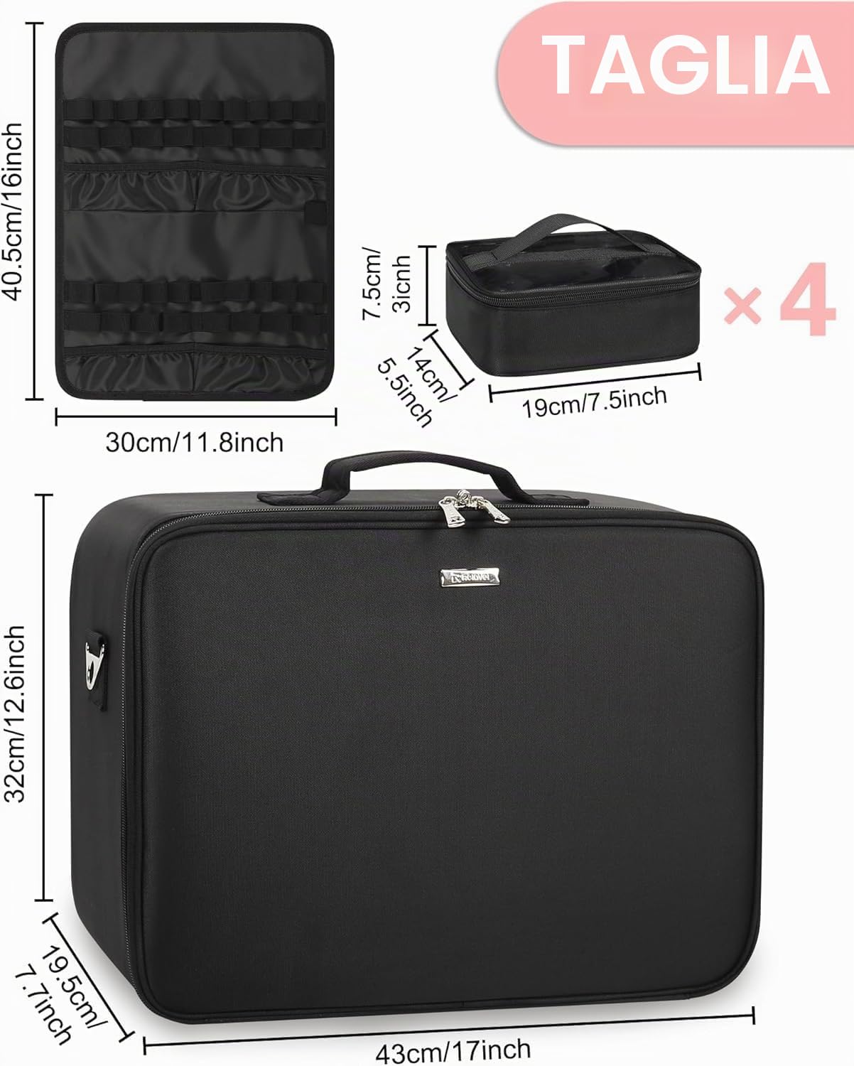Relavel Valigetta da trucco XXL, organizer professionale con portapennelli, 4 tasche trasparenti, piastra rossetto, tracolla e scomparti regolabili per trucchi