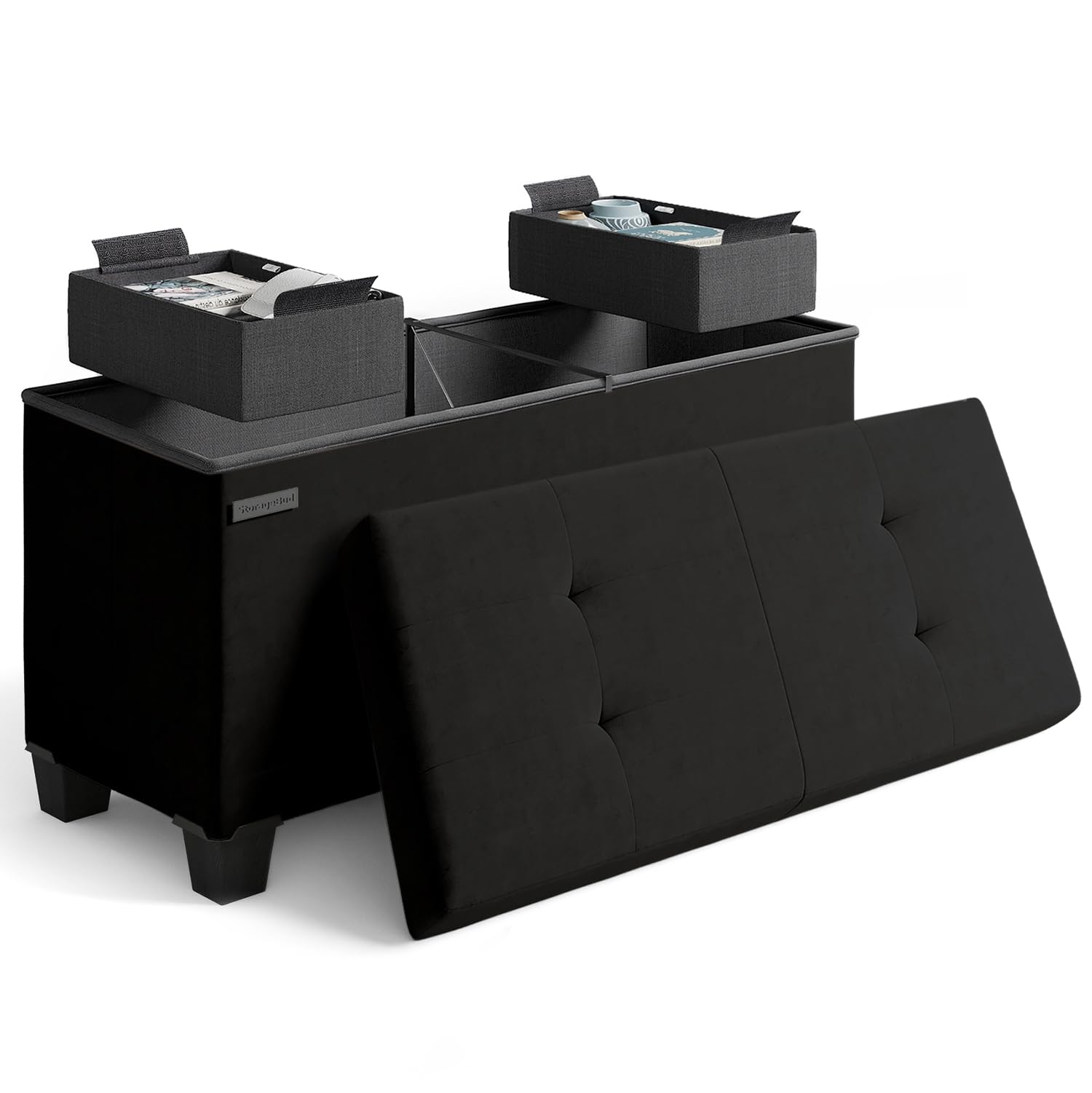 Storage Ottoman Bench with Bins, 30-in Storage Bench for Bedroom End of Bed, Folding Foot Rest Ottoman for Living Room Max 660lbs, Velvet Ottomans,