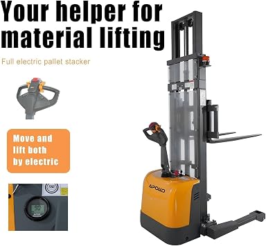 Apollo Full Electric Pallet Stacker, Material Lifts 3300 lbs Capacity, 118 Lifting Height, Gel Battery Powered Forklift with Straddle Legs and Adjustable Forks