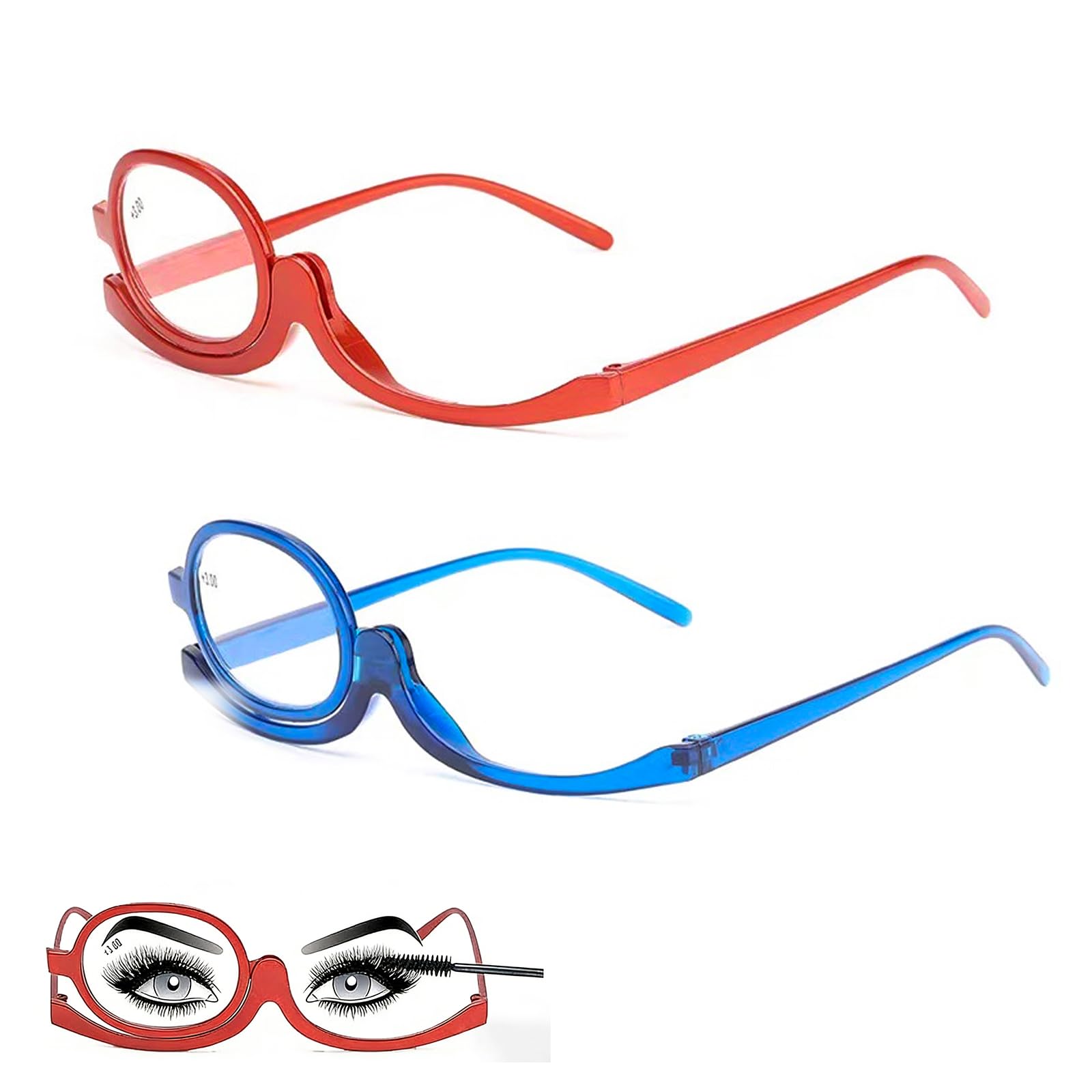 Magnifying Makeup Glasses Set – 2 PCS Flip-Up Lenses for Precise Eye Makeup – Red +3.50 & Blue +2.50 Lightweight Cosmetic Glasses