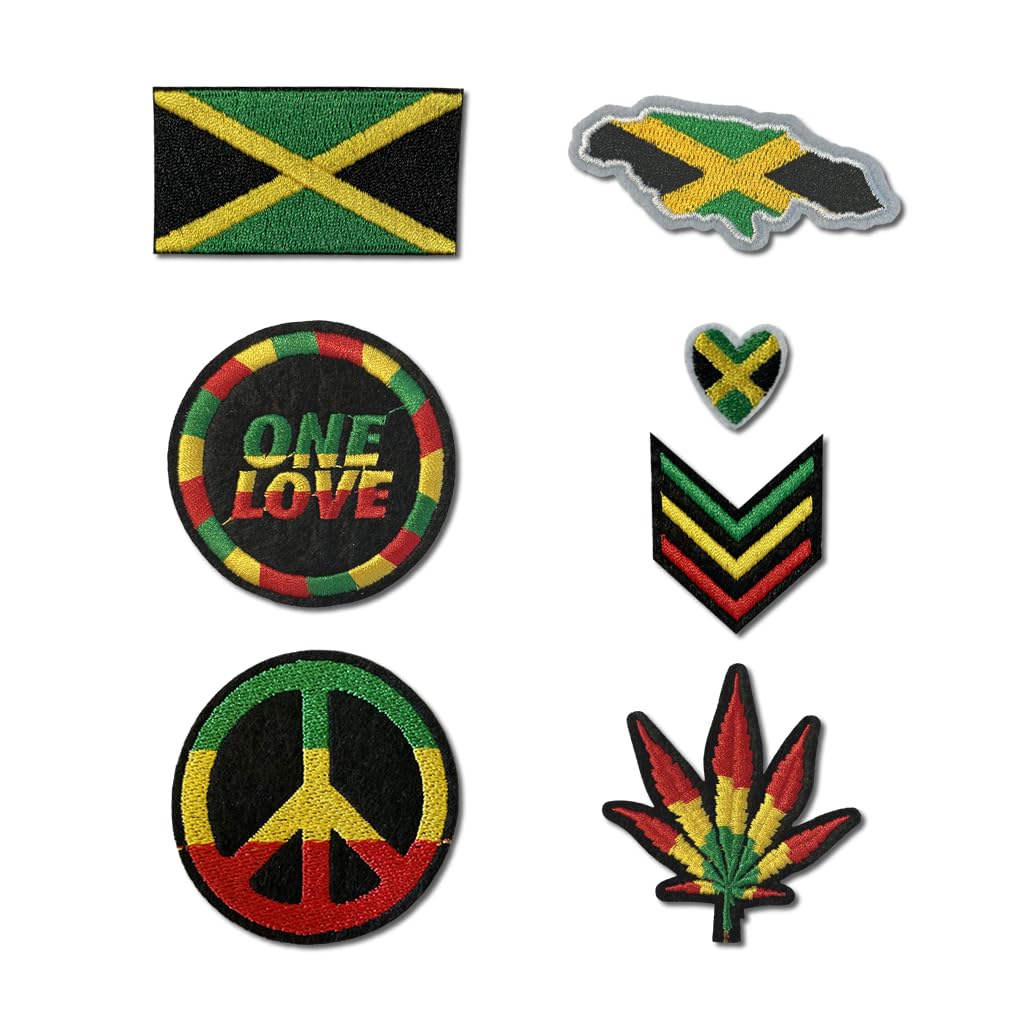 Set of 7 Jamaica Embroidery Patch Iron on or Sew on Embroidered Motif Transfer Jamaican Flag map Heart one Love Rasta Peace