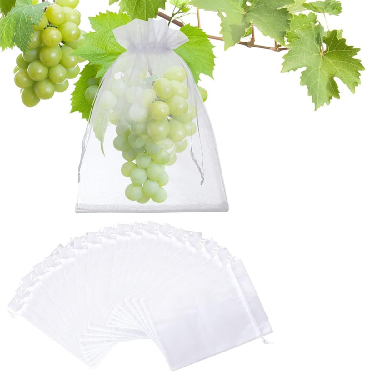 FRYSKYO 100 Pcs Fruit Protection Bags, Garden Plant Protect Net for Fruits, Vegetable Bags with Drawstring Bird Barrier Bags, for Tree, Strawberry, Plum, Insects Barrier, White(17x23cm)