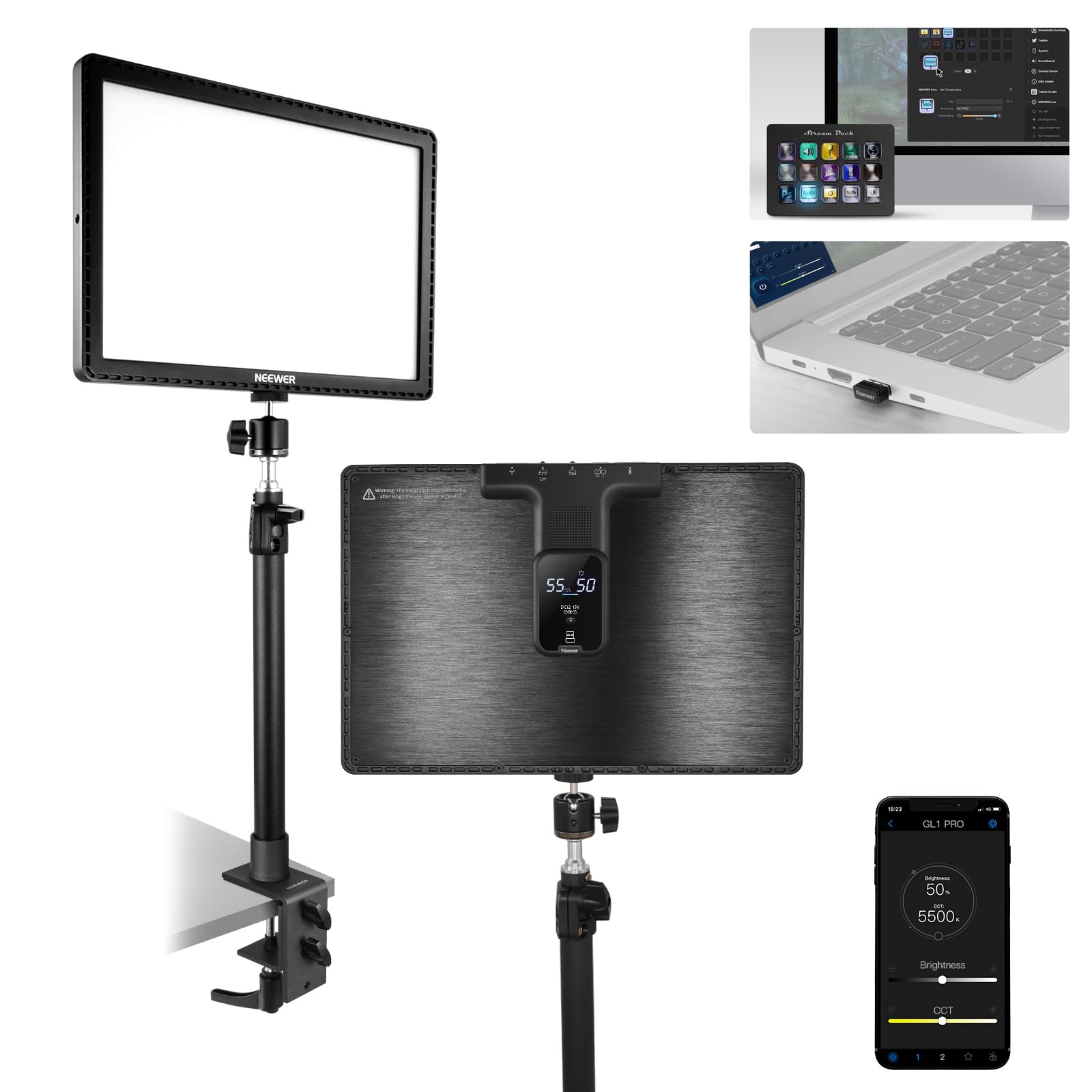 15.5" LED Streaming Key Light, Clamp on Desk Panel Video Lighting for Gaming Recording Zoom Call, CRI97+, 2.4G PC/Mac iOS/Android APP Control, Compatible with Elgato Stream Deck, GL1 PRO Black
