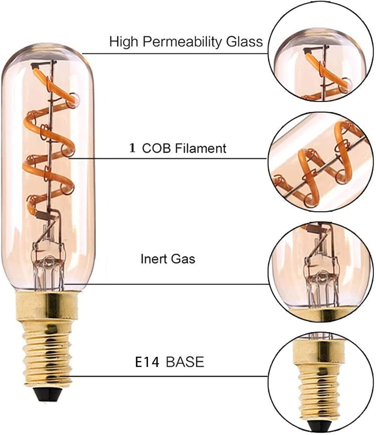 Lampadina a filamento LED tubolare stile Edison E14 3 W Lampadina nostalgica T25 dimmerabile, base a vite E14, giallo caldo 2200 k, 360 gradi; Angolo del fascio, confezione 10