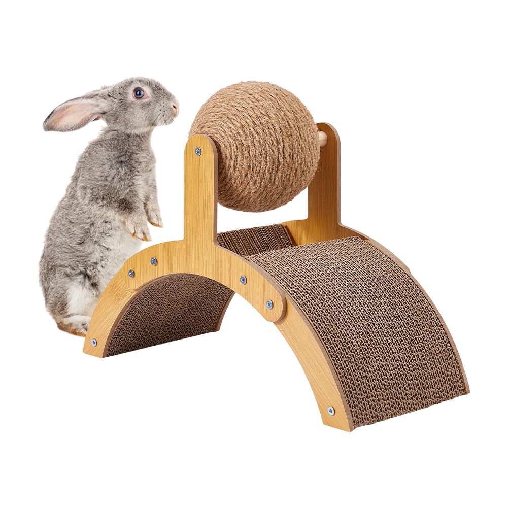 DICOSMETIC 1 Set Rabbit Scratch Toy 2-In-1 BurlyWood Bunny Scratch Ball with Replaceable Corrugated Pad Rotating Wooden Ferris Wheel Scratcher for Chinchilla Ferret Kitten Small Animals