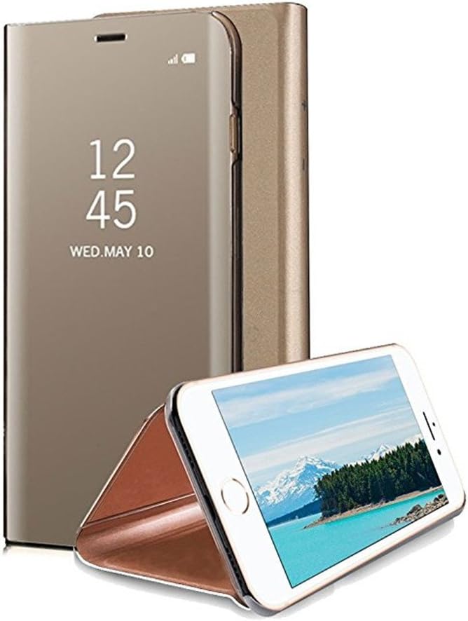 for iPhone 7, 8 Mirror Phone Case, Electroplate Plating PC Smart Clear View Window Vertical Flip Standing Cover Full Body Protective Bumper Shell with Screen Protector - Gold