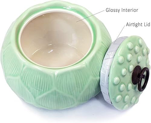 Miniatura 2 de Dahlia Recipiente de té de porcelana para té suelto, hermético Longquan Celadon Tea Caddy, Loto tallado 650 ML