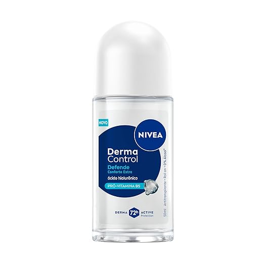 NIVEA Desodorante Antitranspirante Roll-on Derma Control Defende 50ml, Proteção 72h, Previne Irritações, Ácido Hialurônico, Conforto Extra