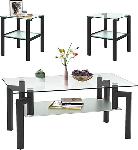 Juego de 3 mesas auxiliares de cristal para sala de estar, mesa de té negra moderna y 2 mesas auxiliares con patas de metal y vidrio templado