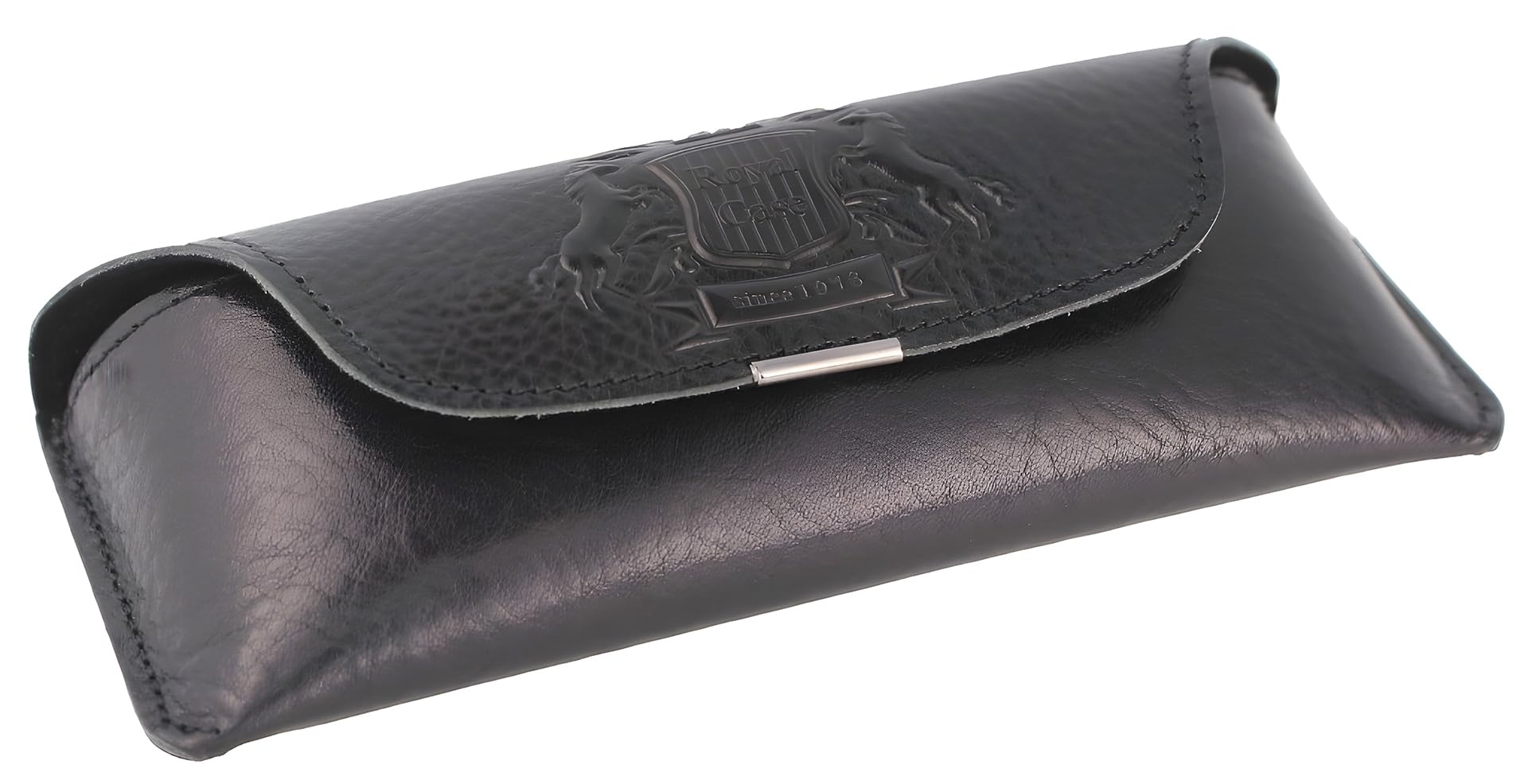 Szlachetne etui na okulary z prawdziwej skóry z logo i zatrzaskiem, w zestawie ściereczka z mikrofibry