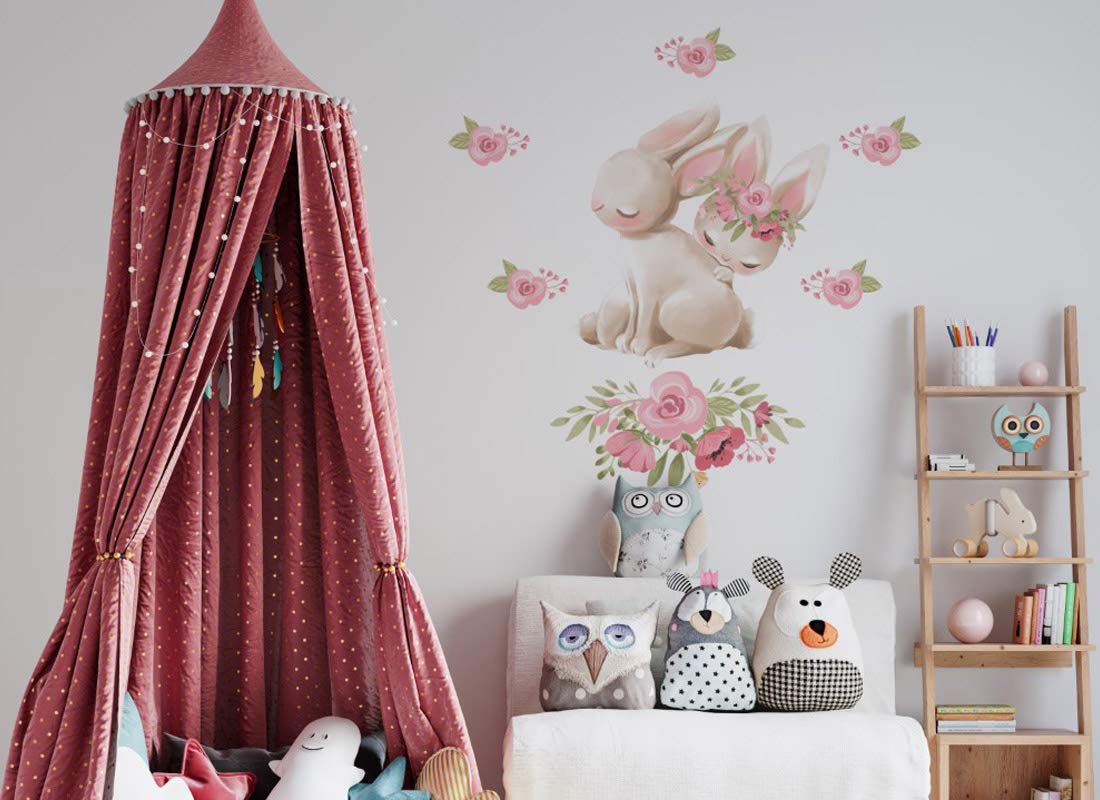 Adesivo da parete con simpatico coniglietto I fiori per bambini, per la cameretta dei bambini, con immagine di Osomhome (190 x 189 cm) os2436