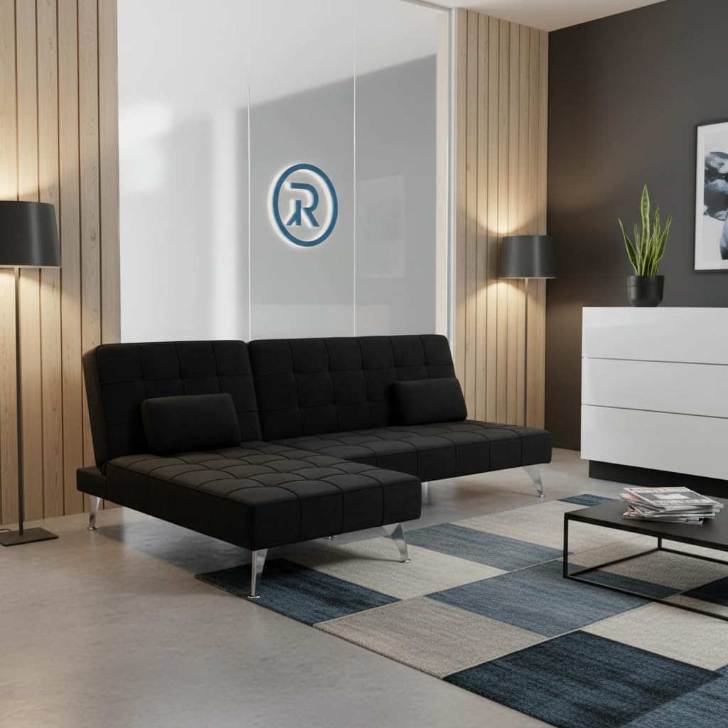 Sofá Cama Chaise Longue Sofia con 2 Cojines - Modelo XS - 198x146x75 cm - Tela Gris - Reclinable en 3 Posiciones - Ideal para Espacios Reducidos