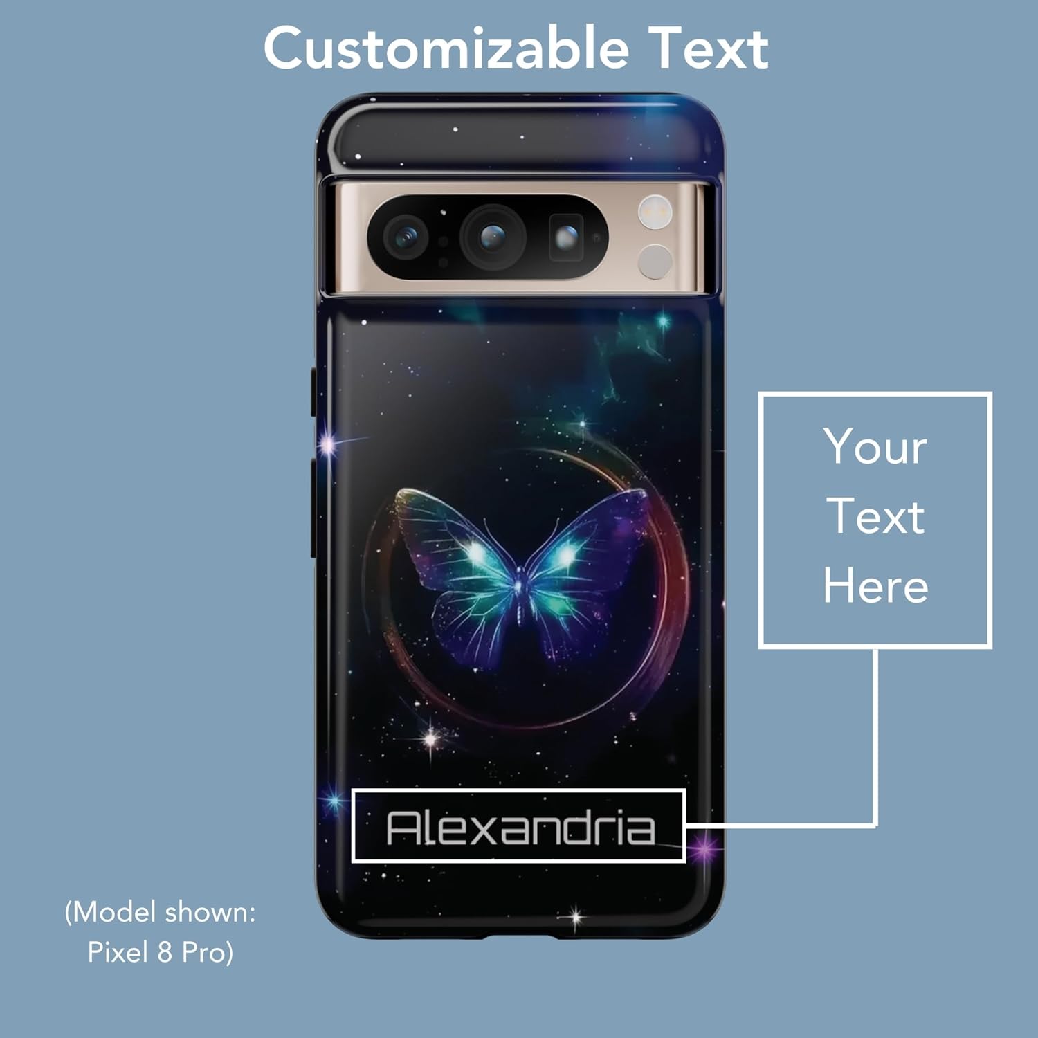 Celestial Butterfly Tough Case for Select Google Pixel Models | Personalized Holographic Aesthetic with Custom Text (Glossy, for Google Pixel 8)