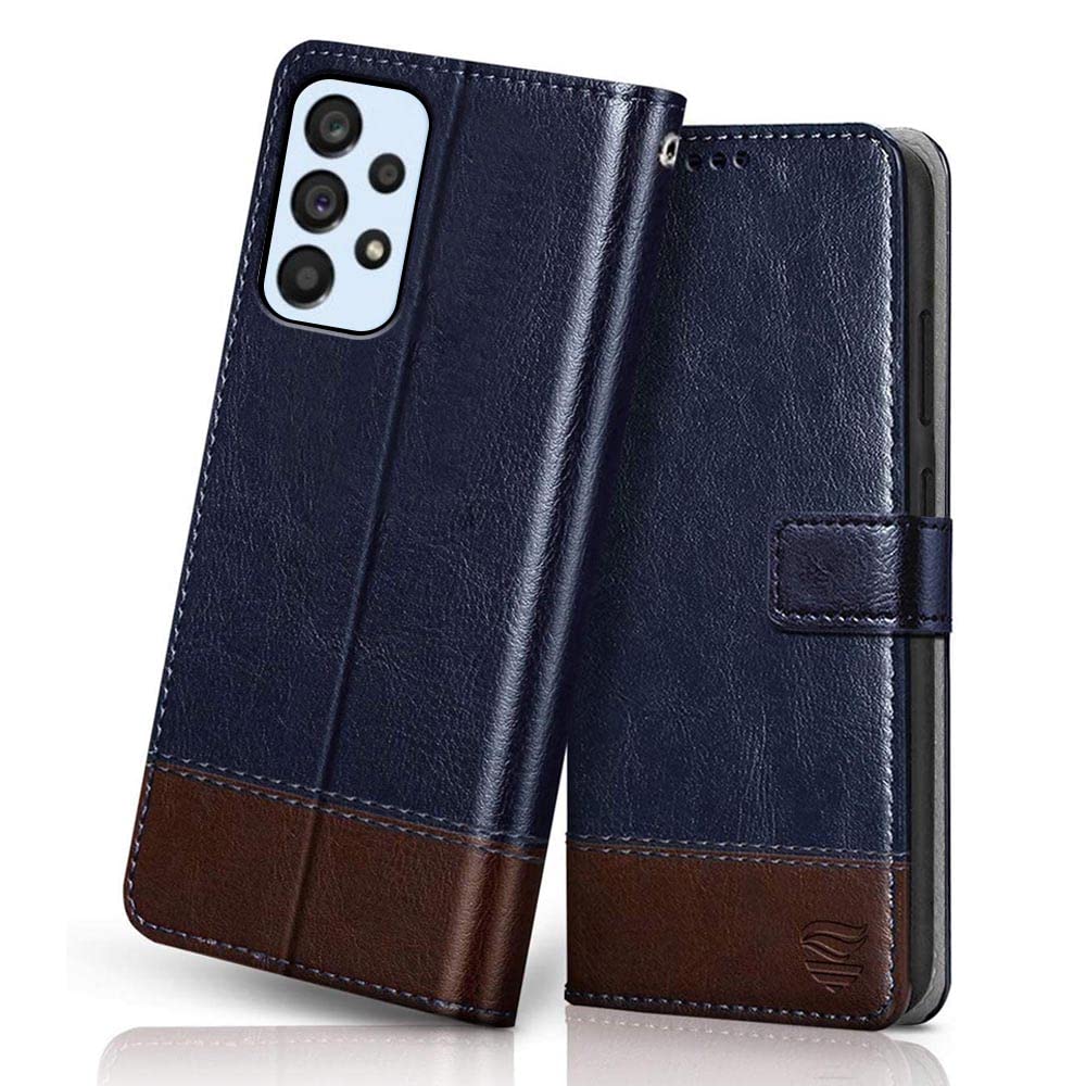 FLIPPED Vegan Leather Flip Case Back Cover for Samsung Galaxy A53 5G (Flexible, Shock Proof | Hand Stitched Leather Finish | Card Pockets Wallet & Stand | Blue with Brown) (B09WVRNBTF) Amazon Price History, Amazon Price Tracker
