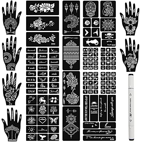Koogel 16 Sheets Temporary Tattoo Stencil Kit, 114 Pcs Temporary Glitter Airbrush Tattoo Stencils 1 Pcs Temporary Tattoo Pen Arabian Tattoo Stickers Henna Tattoo Stencil for Face Paint Body Art